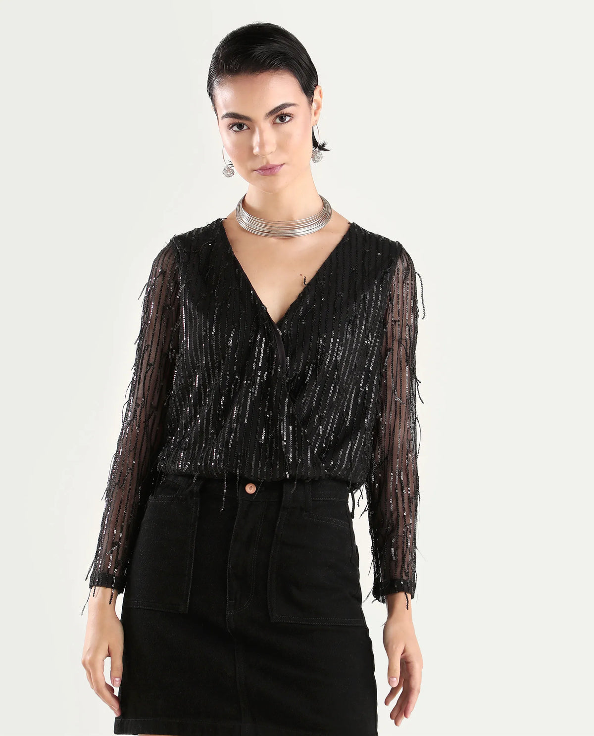 Rareism Women's Carm Metallic Black V-Neck Plain Relaxed Fit Top