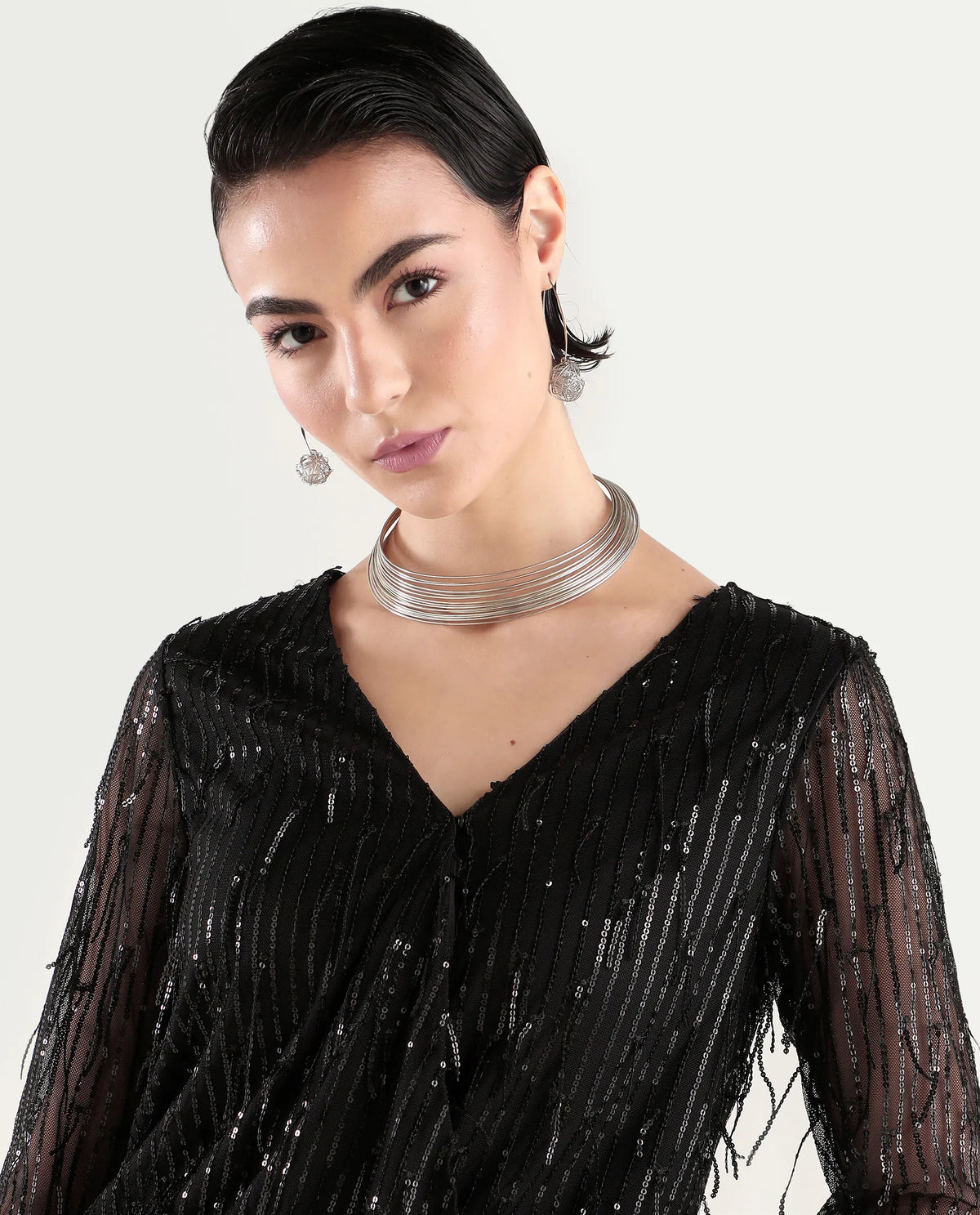 Rareism Women's Carm Metallic Black V-Neck Plain Relaxed Fit Top