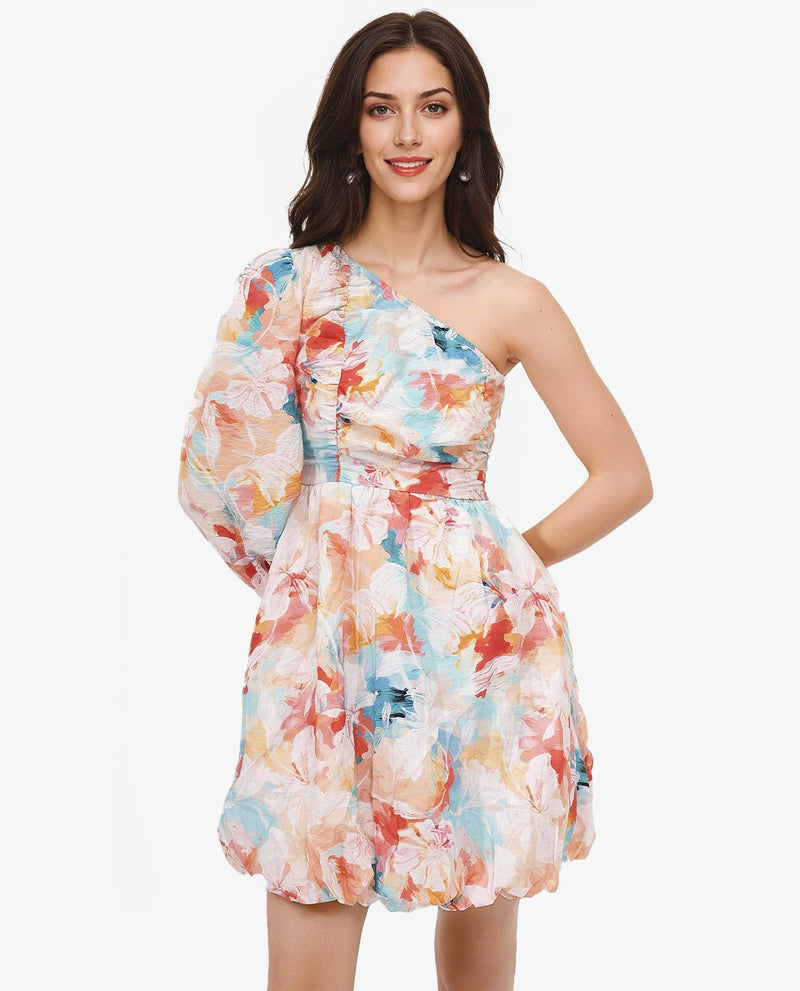 Rareism Women Carmen Light Multi Bishop Sleeve One Shoulder Zipper Fit And Flare Floral Print Mini Dress