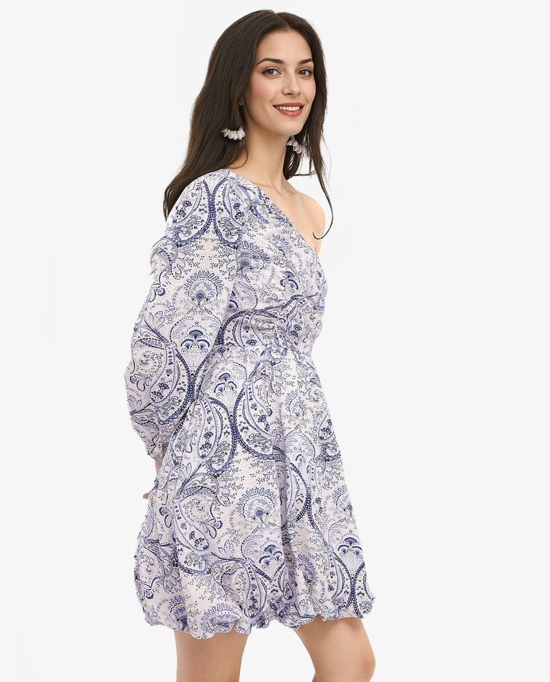 Rareism Women Carmeno Light Blue Bishop Sleeve One Shoulder Zipper Fit And Flare Paisley Print Mini Dress