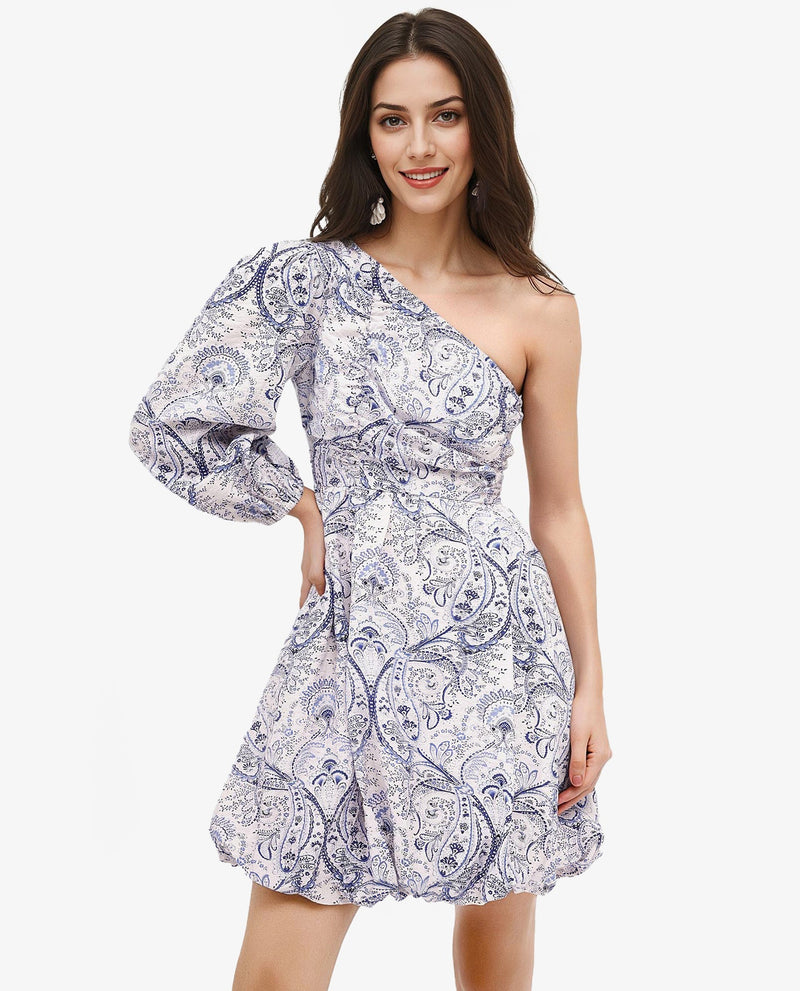 Rareism Women Carmeno Light Blue Bishop Sleeve One Shoulder Zipper Fit And Flare Paisley Print Mini Dress