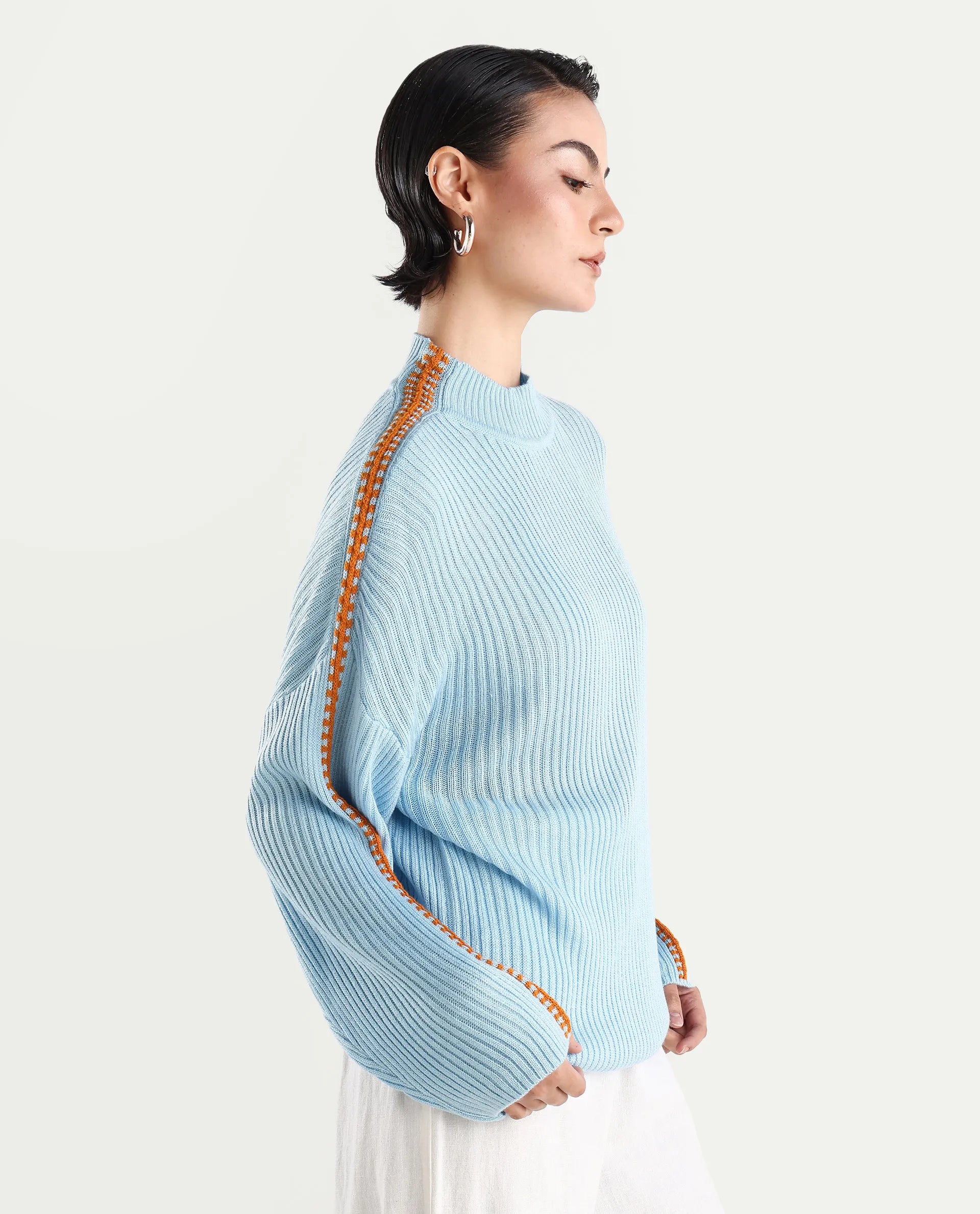 Rareism Women's Cassiopiea Light Blue Acrylic High Neck Plain Relaxed Fit Sweater