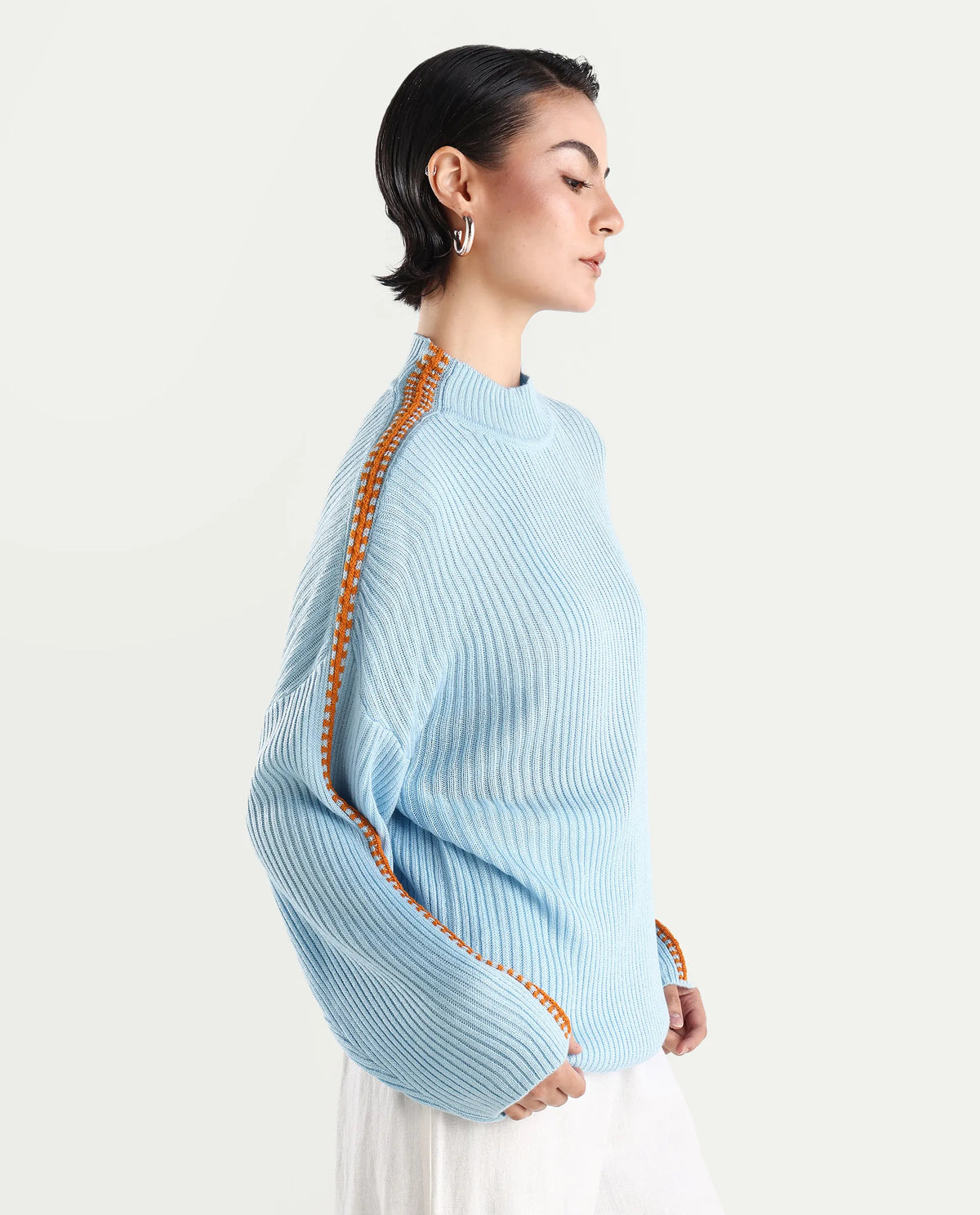 Rareism Women's Cassiopiea Light Blue Acrylic High Neck Plain Relaxed Fit Sweater