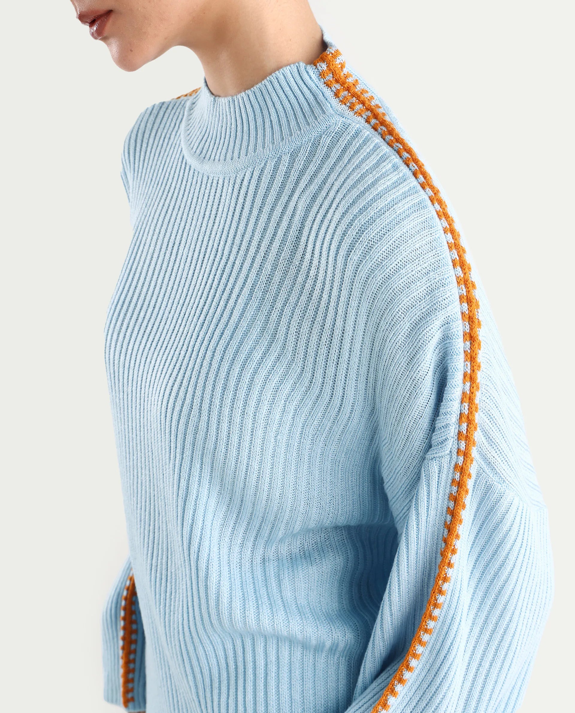Rareism Women's Cassiopiea Light Blue Acrylic High Neck Plain Relaxed Fit Sweater