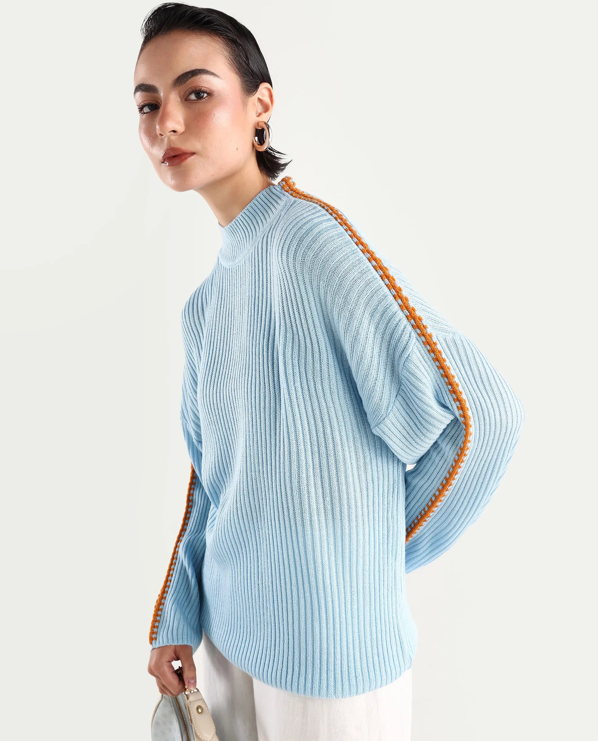 Rareism Women's Cassiopiea Light Blue Acrylic High Neck Plain Relaxed Fit Sweater