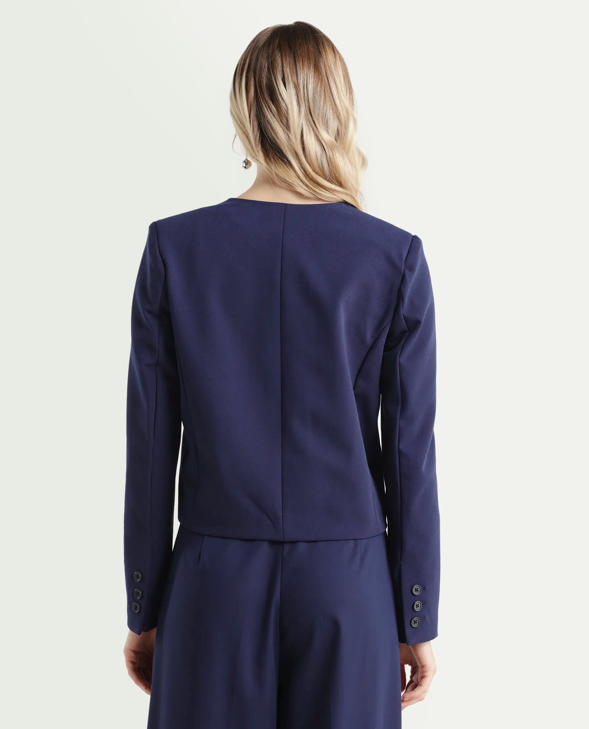 Rareism Women's Castlei Dark Navy V-Neck Plain Regular Fit Jacket