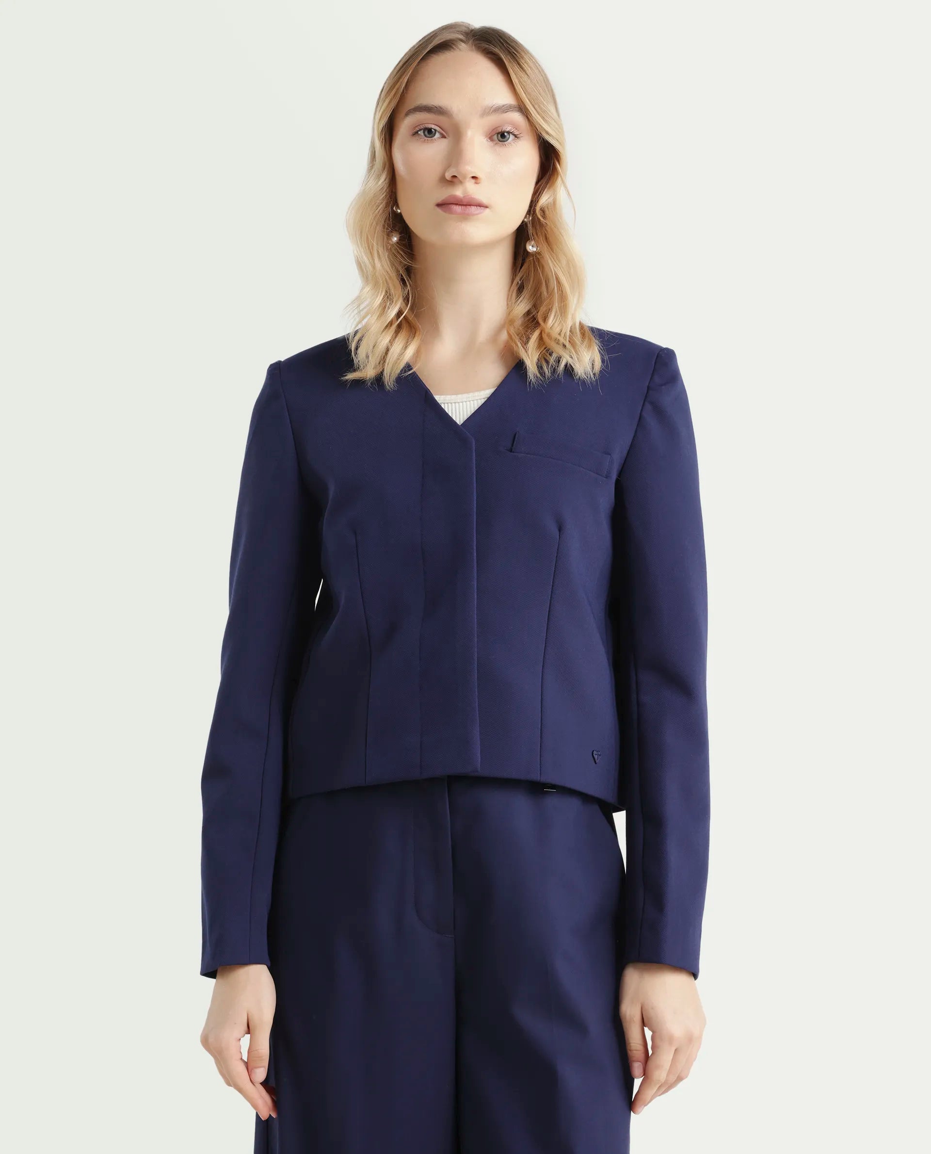 Rareism Women's Castlei Dark Navy V-Neck Plain Regular Fit Jacket