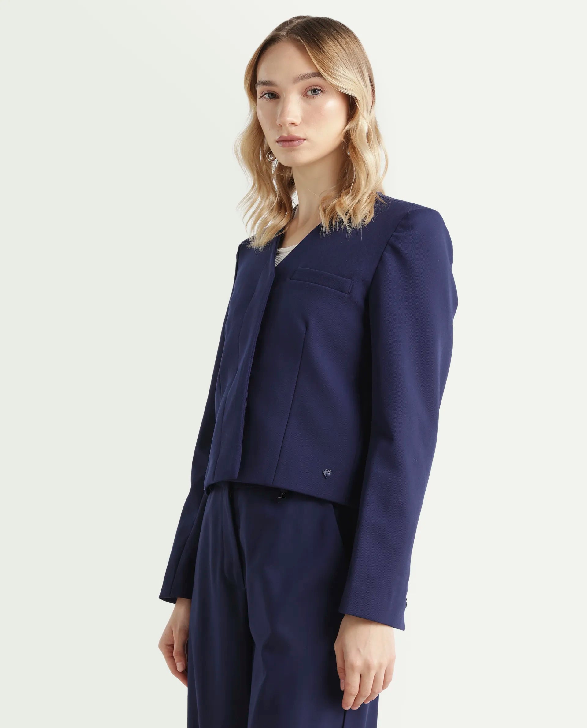 Rareism Women's Castlei Dark Navy V-Neck Plain Regular Fit Jacket