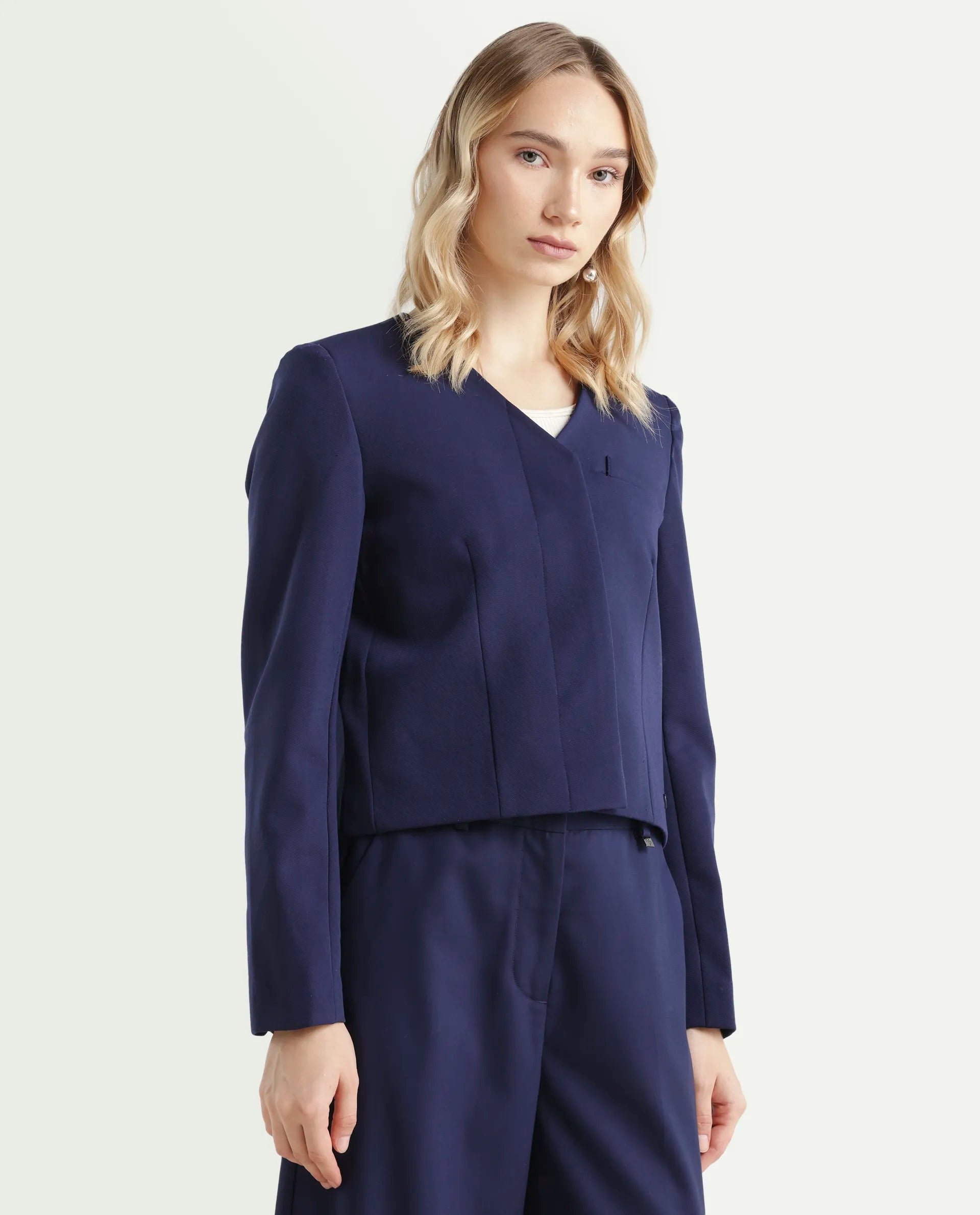 Rareism Women's Castlei Dark Navy V-Neck Plain Regular Fit Jacket