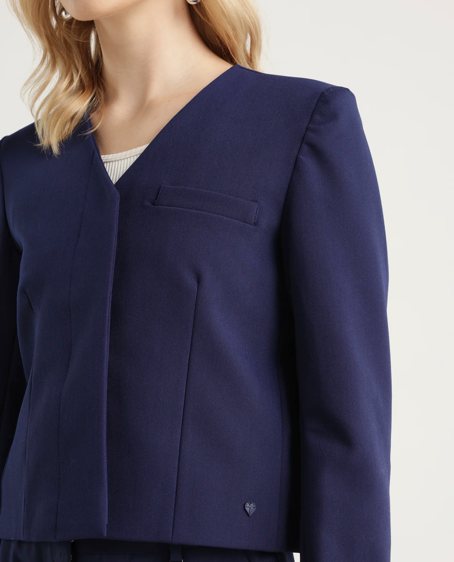 Rareism Women's Castlei Dark Navy V-Neck Plain Regular Fit Jacket