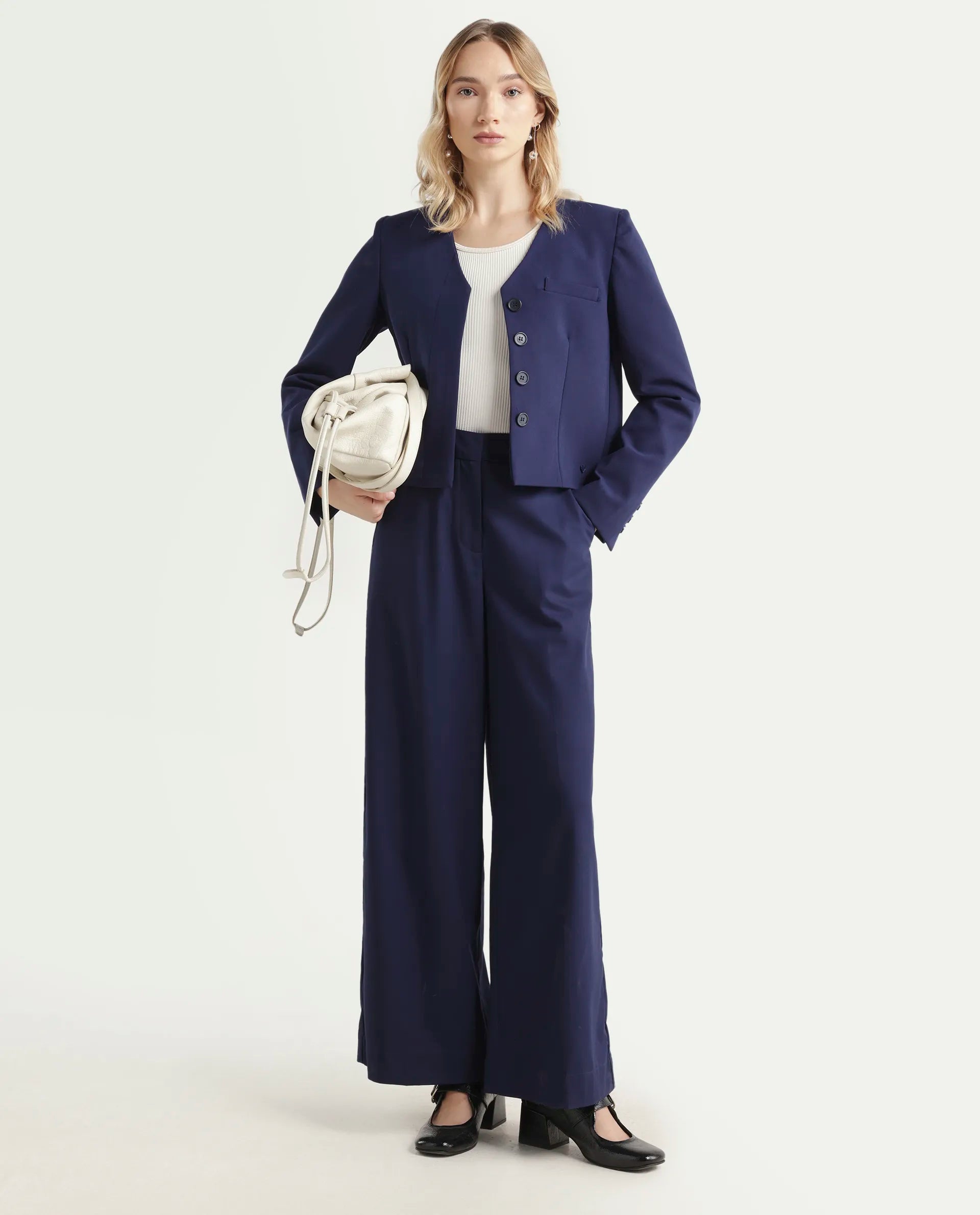 Rareism Women's Castlei Dark Navy V-Neck Plain Regular Fit Jacket