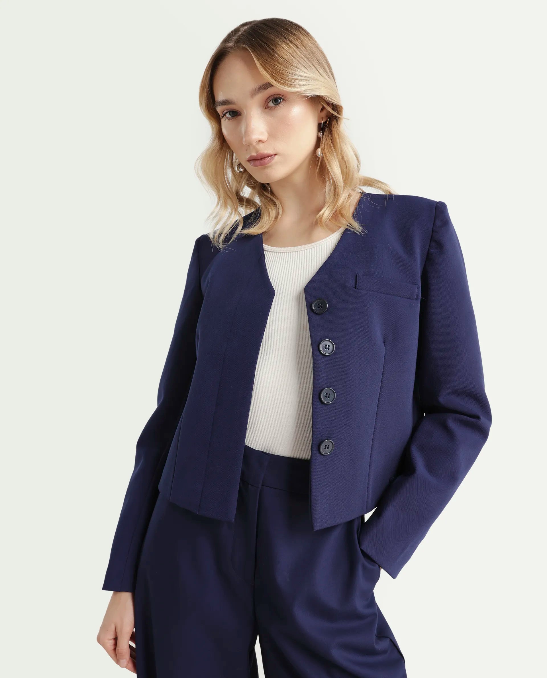 Rareism Women's Castlei Dark Navy V-Neck Plain Regular Fit Jacket