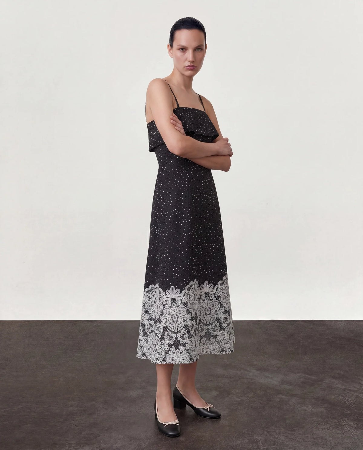 Rareism Women's Cerah Black Cotton Sleeveless A-Line Polka Print Dress