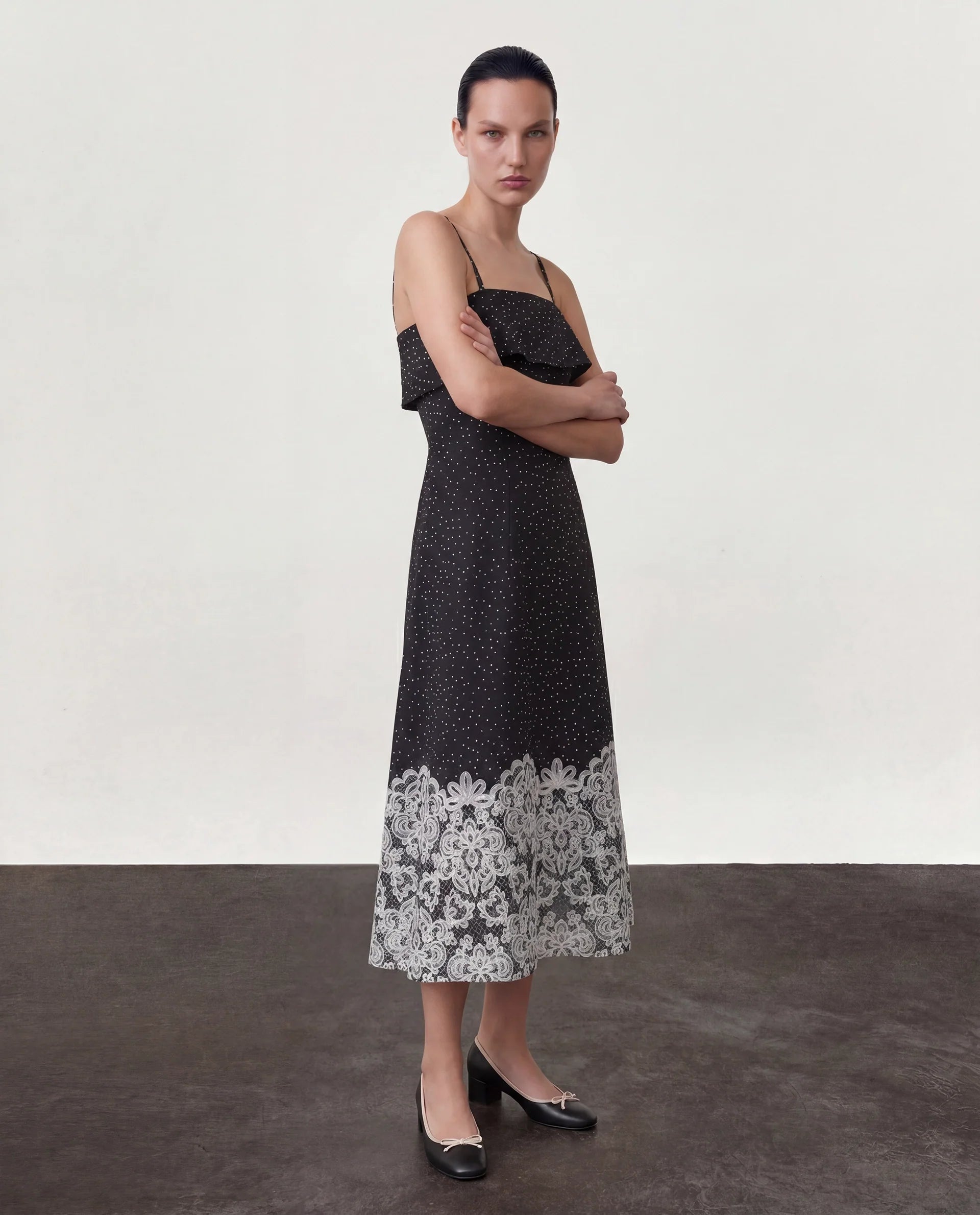 Rareism Women's Cerah Black Cotton Sleeveless A-Line Polka Print Dress