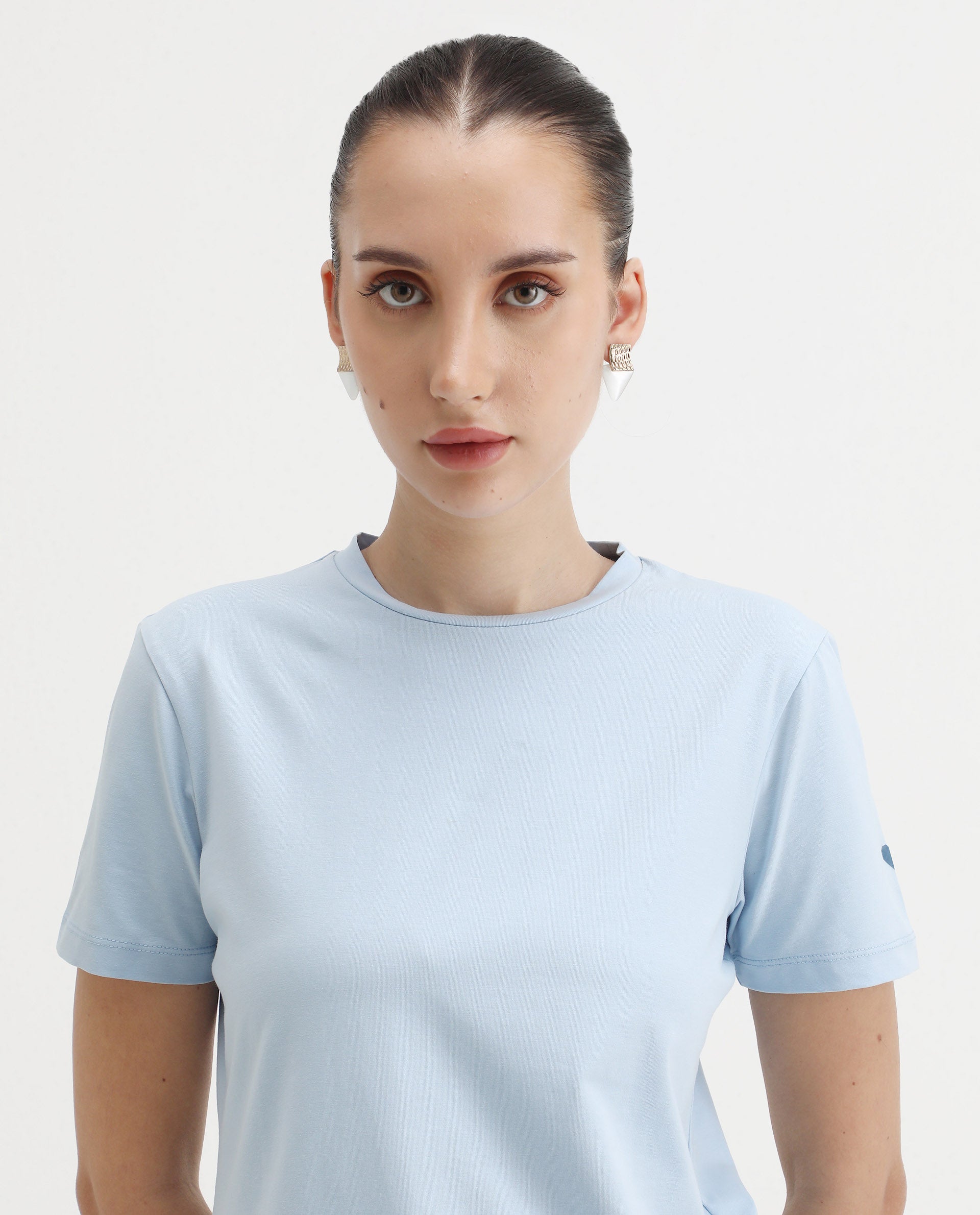 Rareism Women's Cercis Light Blue Polyester Crew Neck Typography Print Regular Fit T-Shirt