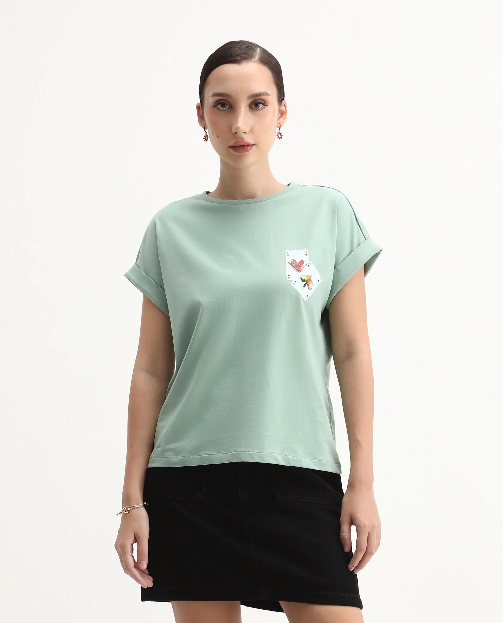 Rareism Women's Cerd Light Green Cotton Fabric Crew Neck Relaxed Fit Graphic Print T-Shirt