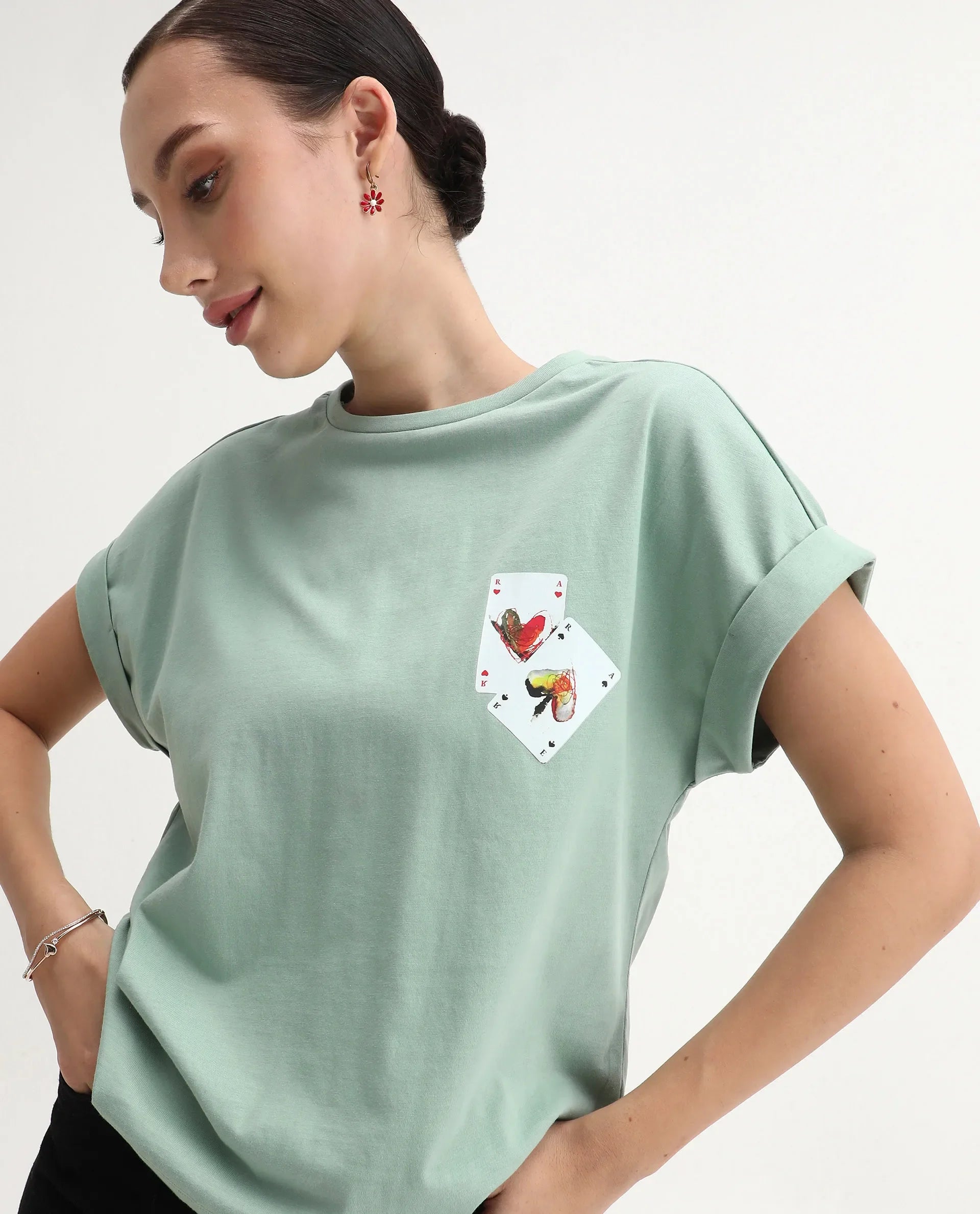 Rareism Women's Cerd Light Green Cotton Fabric Crew Neck Relaxed Fit Graphic Print T-Shirt