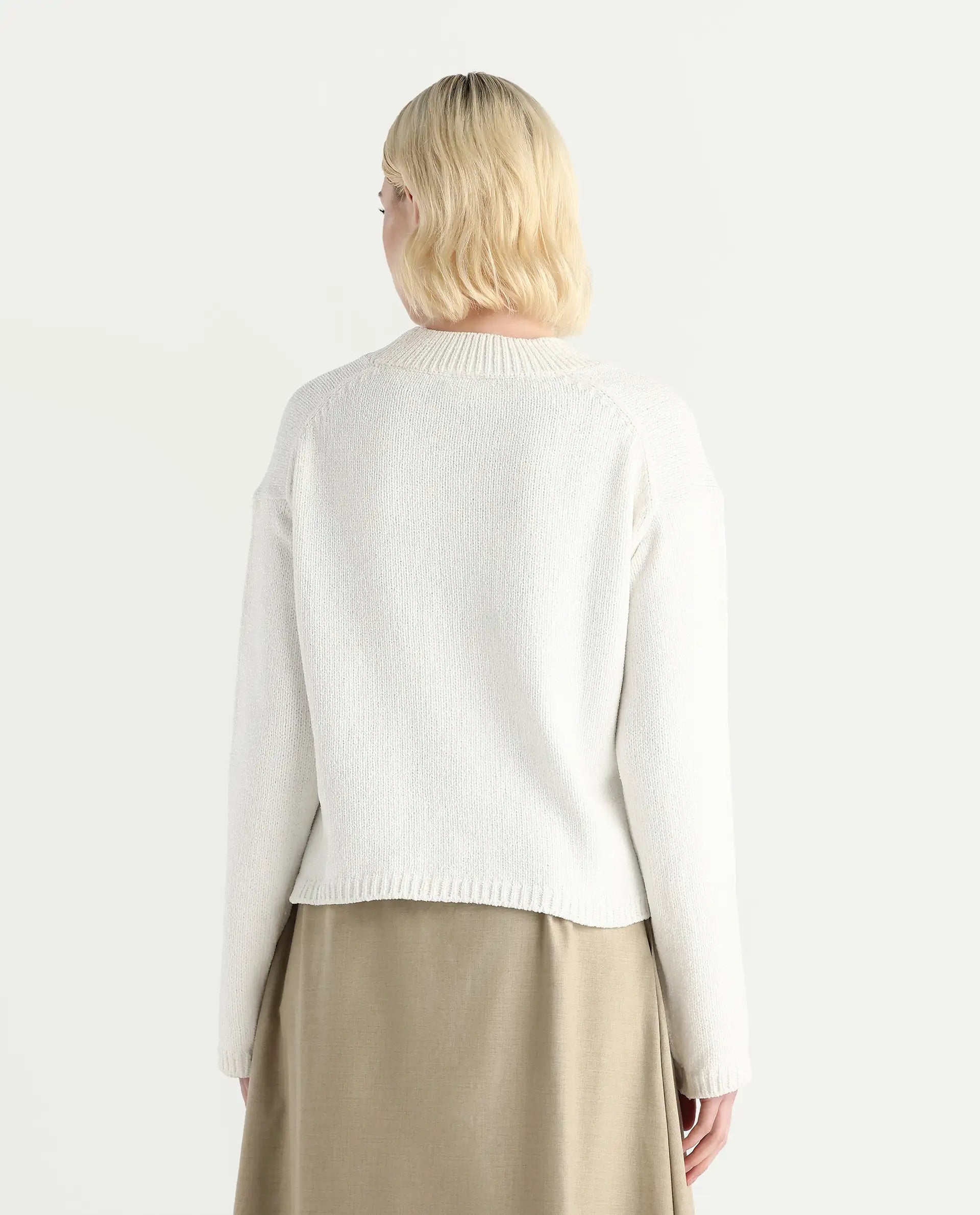 Rareism Women's Chenin Off White Polyester High Neck Oversize Fit Sweater