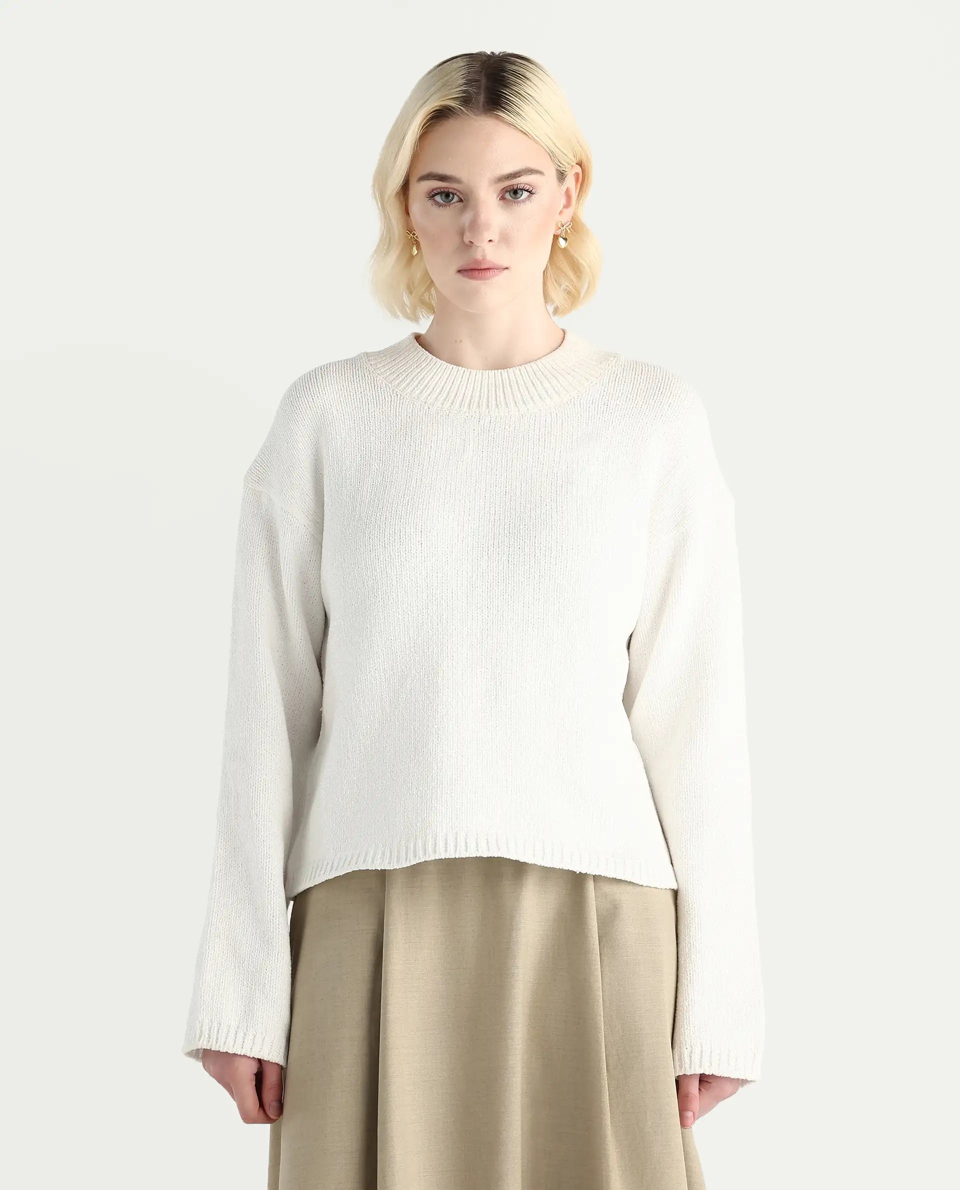 Rareism Women's Chenin Off White Polyester High Neck Oversize Fit Sweater