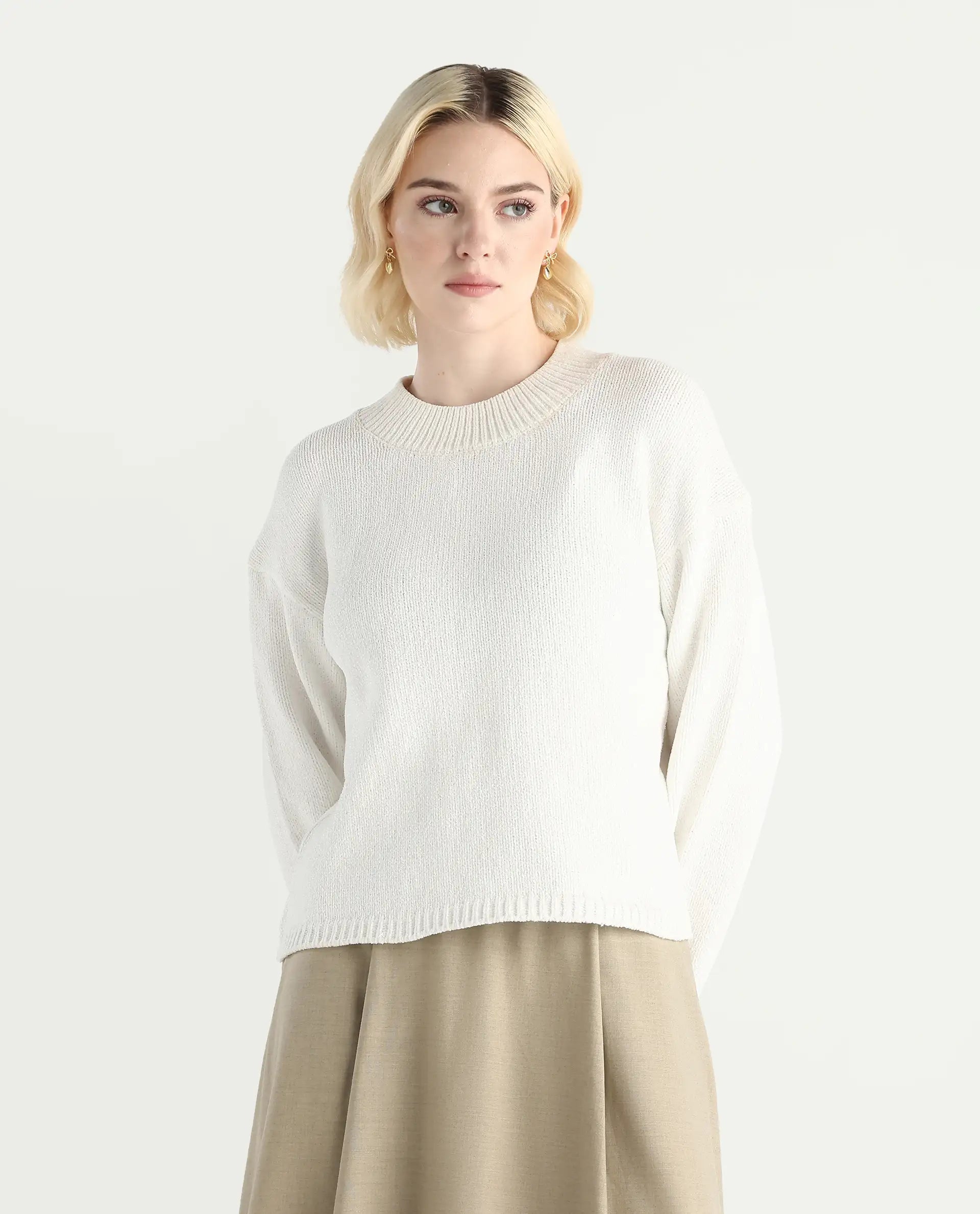 Rareism Women's Chenin Off White Polyester High Neck Oversize Fit Sweater