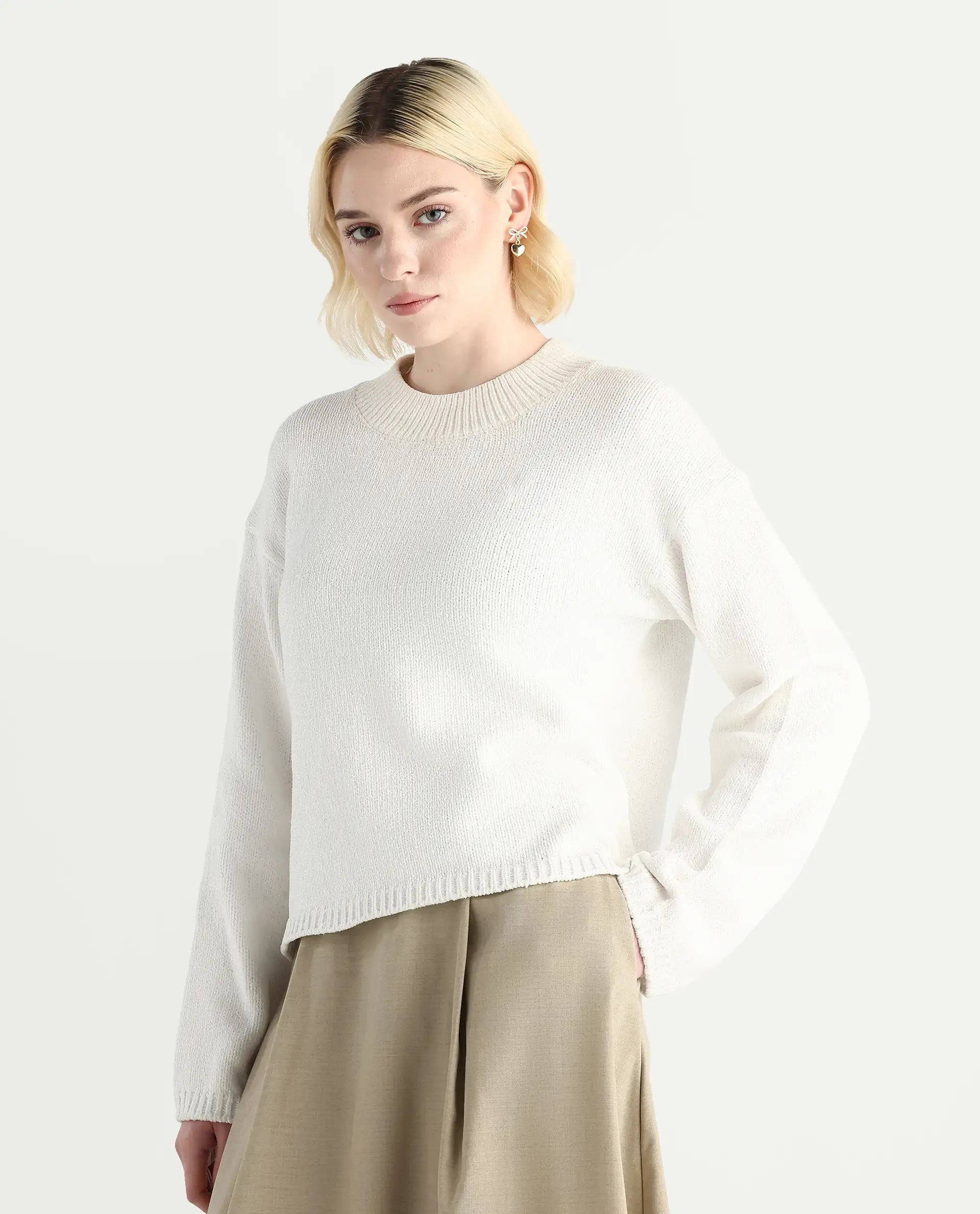 Rareism Women's Chenin Off White Polyester High Neck Oversize Fit Sweater