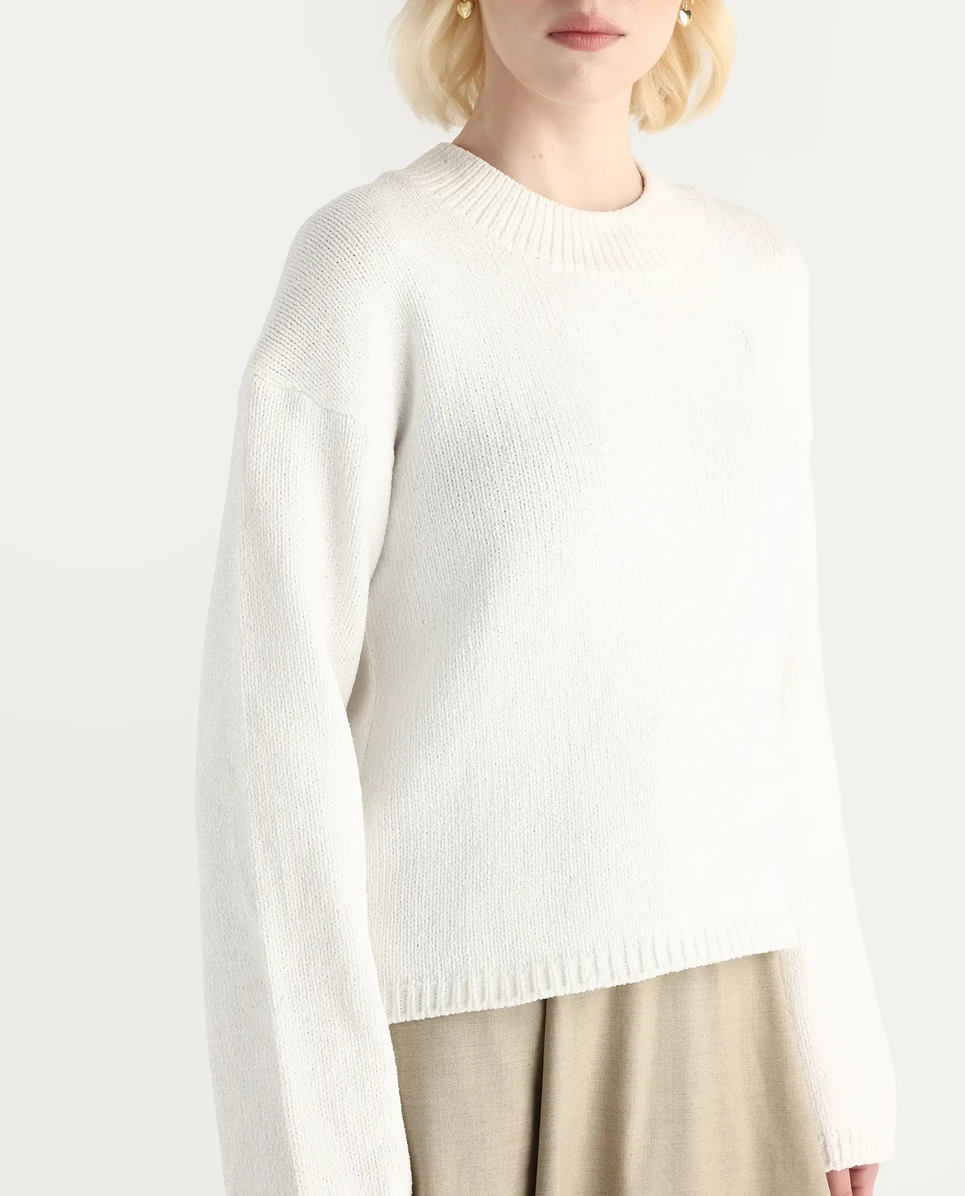 Rareism Women's Chenin Off White Polyester High Neck Oversize Fit Sweater