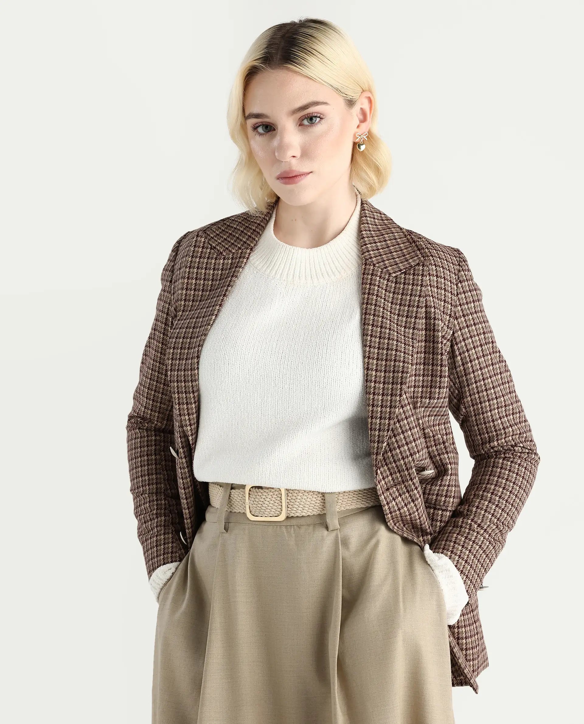 Rareism Women's Chenin Off White Polyester High Neck Oversize Fit Sweater