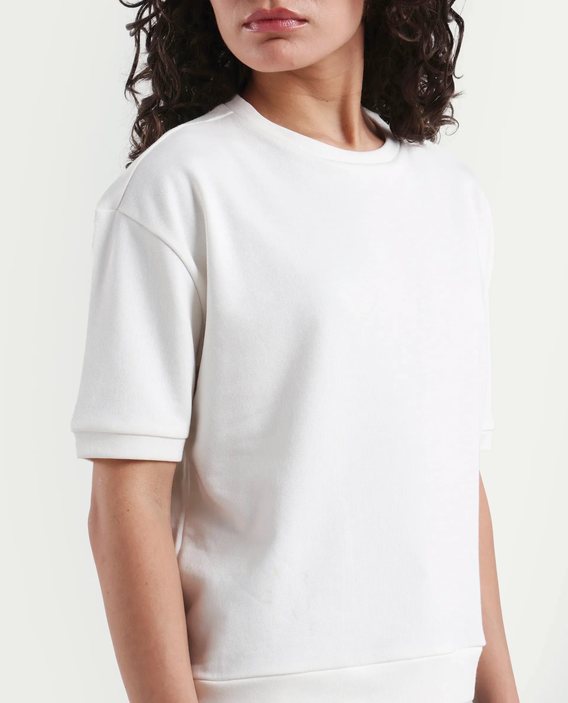 Rareism Women's Medium Weight Terry 290 Gsm Cotton Crew Neck Plain Relaxed Fit Sweat Tee