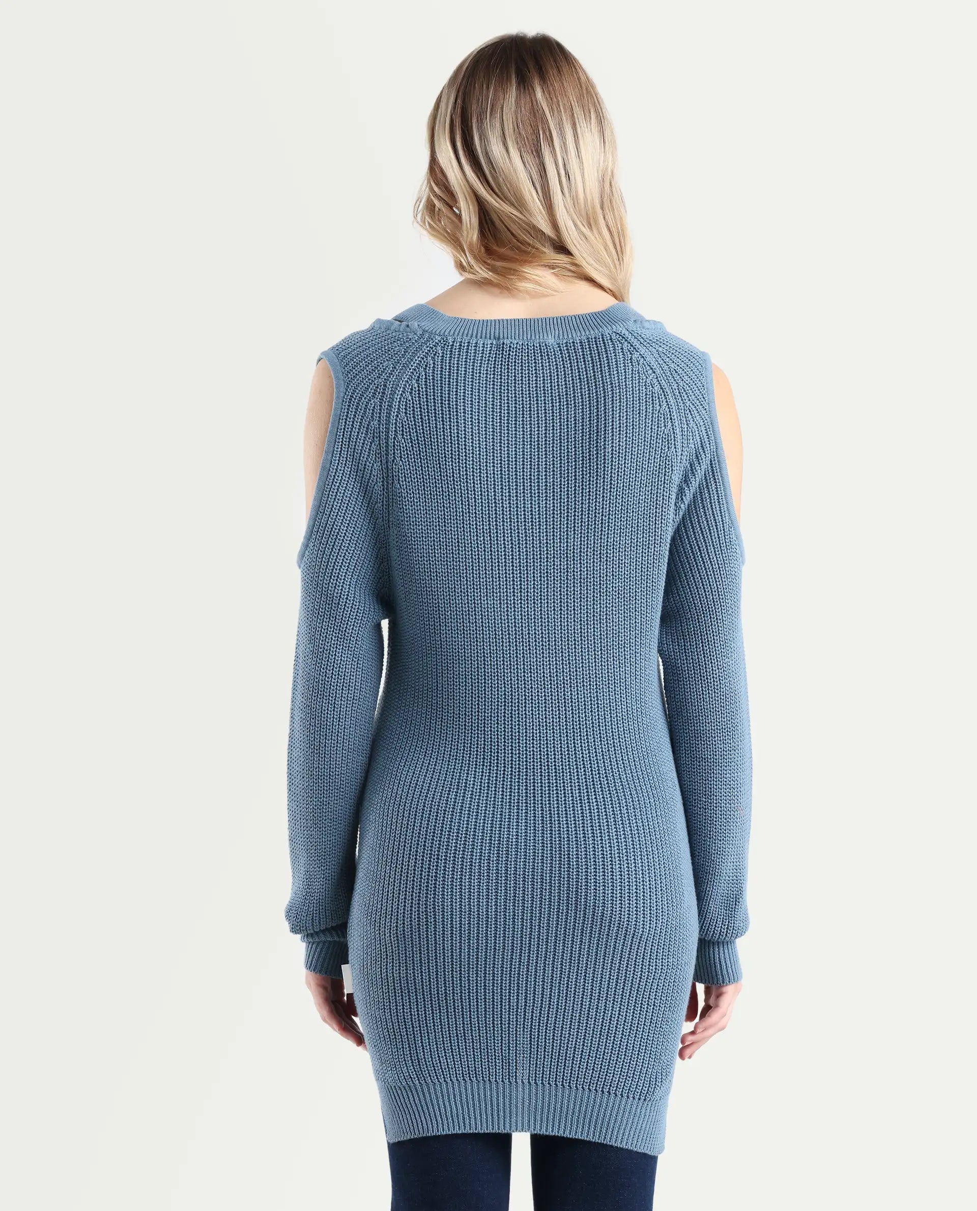 Rareism Women's Cold Navy Cotton Boat Neck Plain Slim Fit Sweater