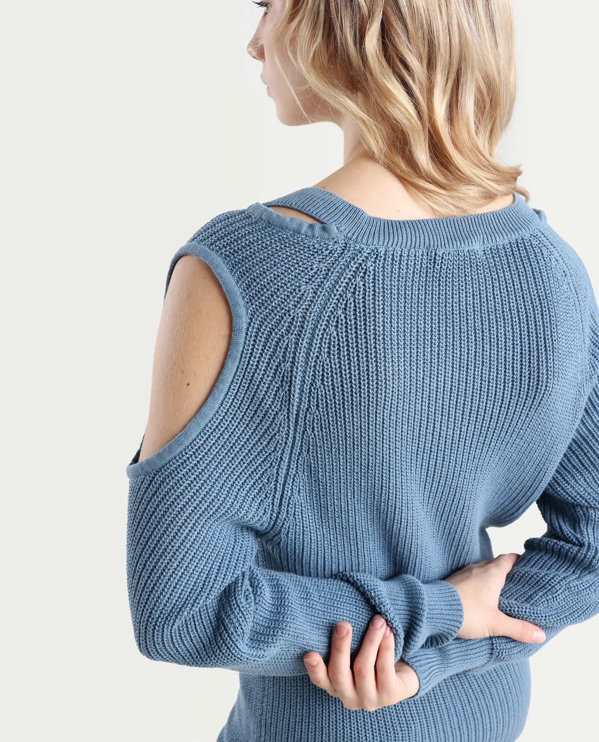 Rareism Women's Cold Navy Cotton Boat Neck Plain Slim Fit Sweater