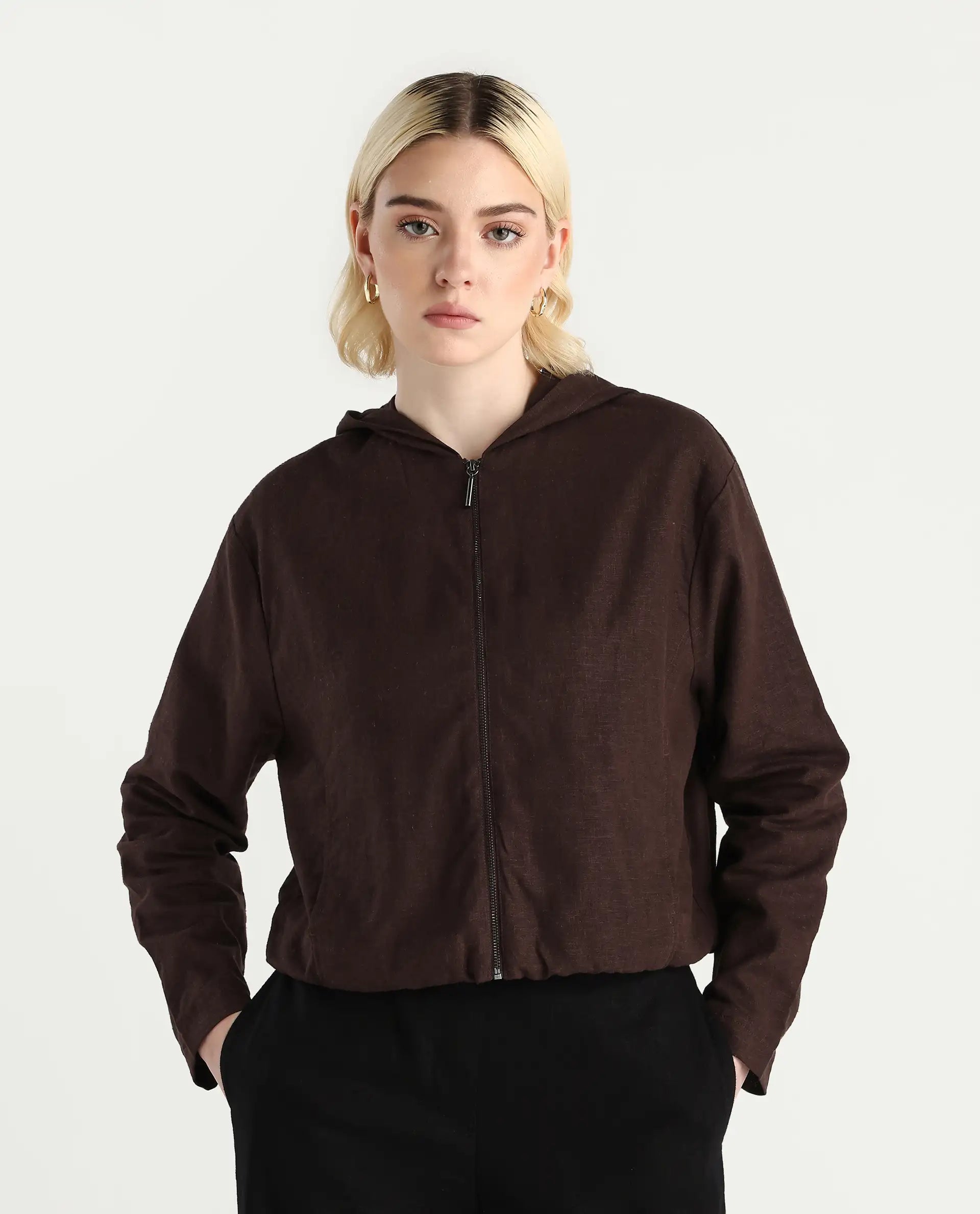 Rareism Women's Colin-T Prune Linen Blend Hooded Regular Fit Jacket