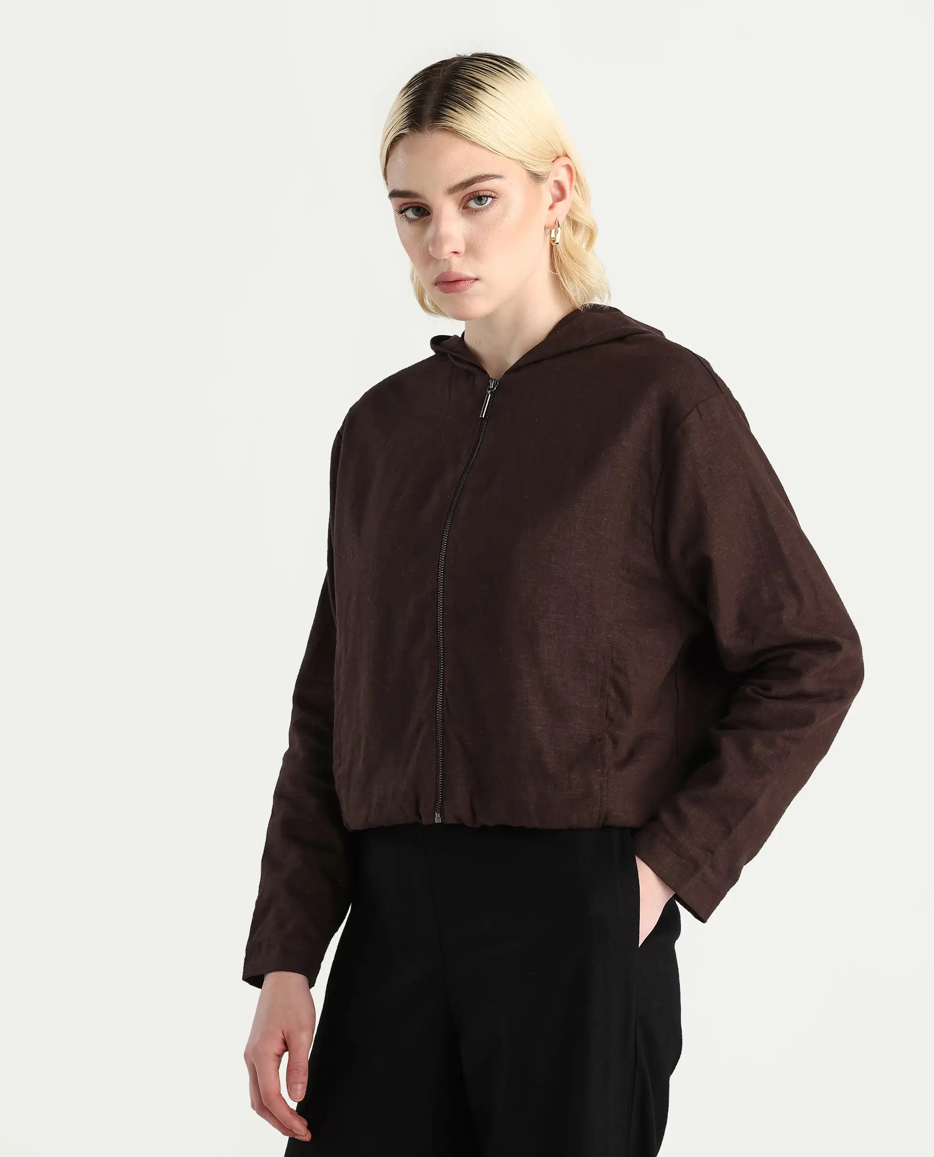 Rareism Women's Colin-T Prune Linen Blend Hooded Regular Fit Jacket