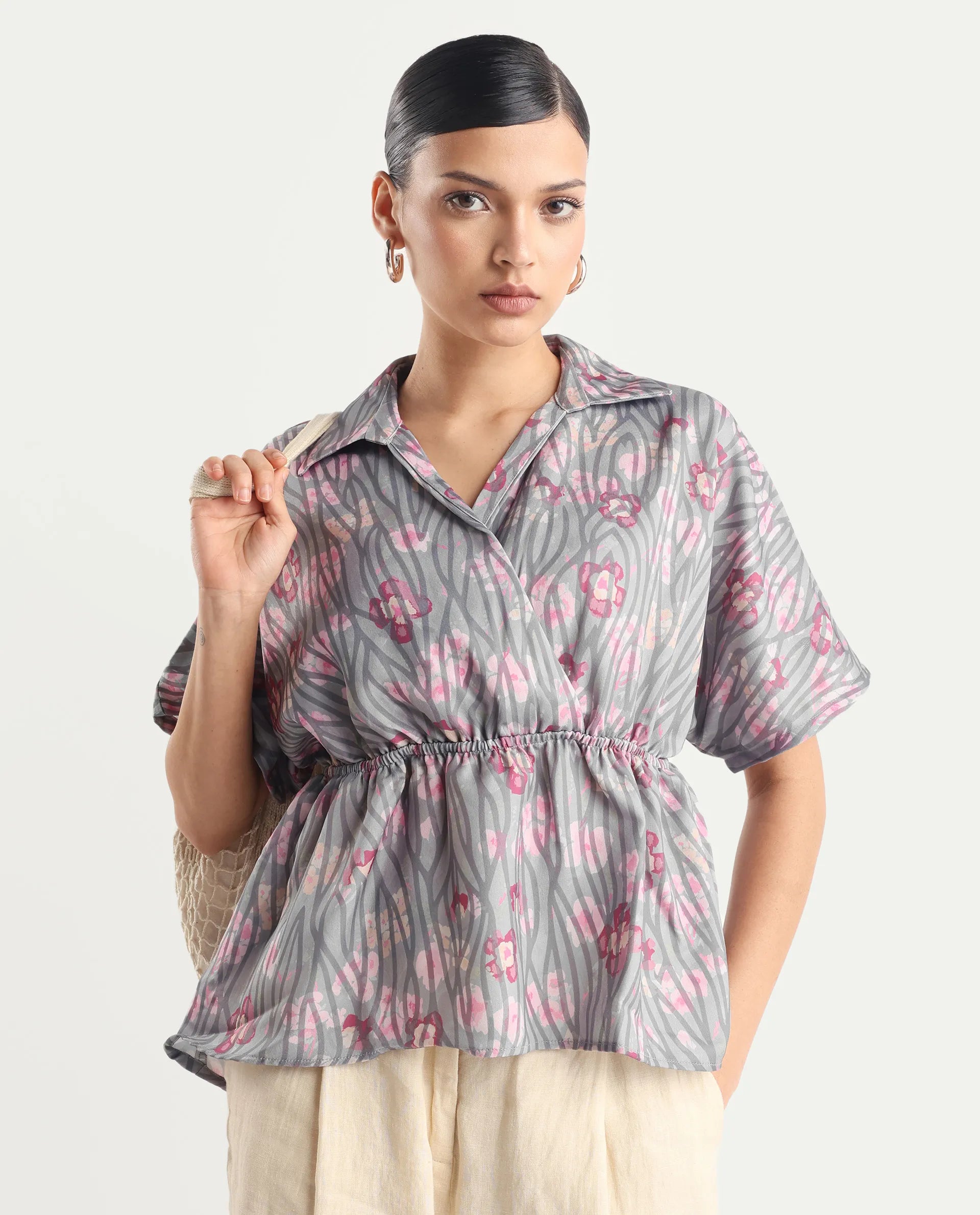 Rareism Women's Copa - Dusky Multi Satin Johnny Collar Floral Print Kimono Sleeve Regular Fit Top