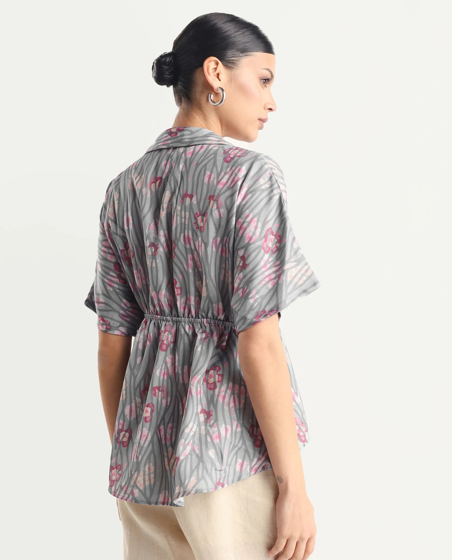 Rareism Women's Copa - Dusky Multi Satin Johnny Collar Floral Print Kimono Sleeve Regular Fit Top