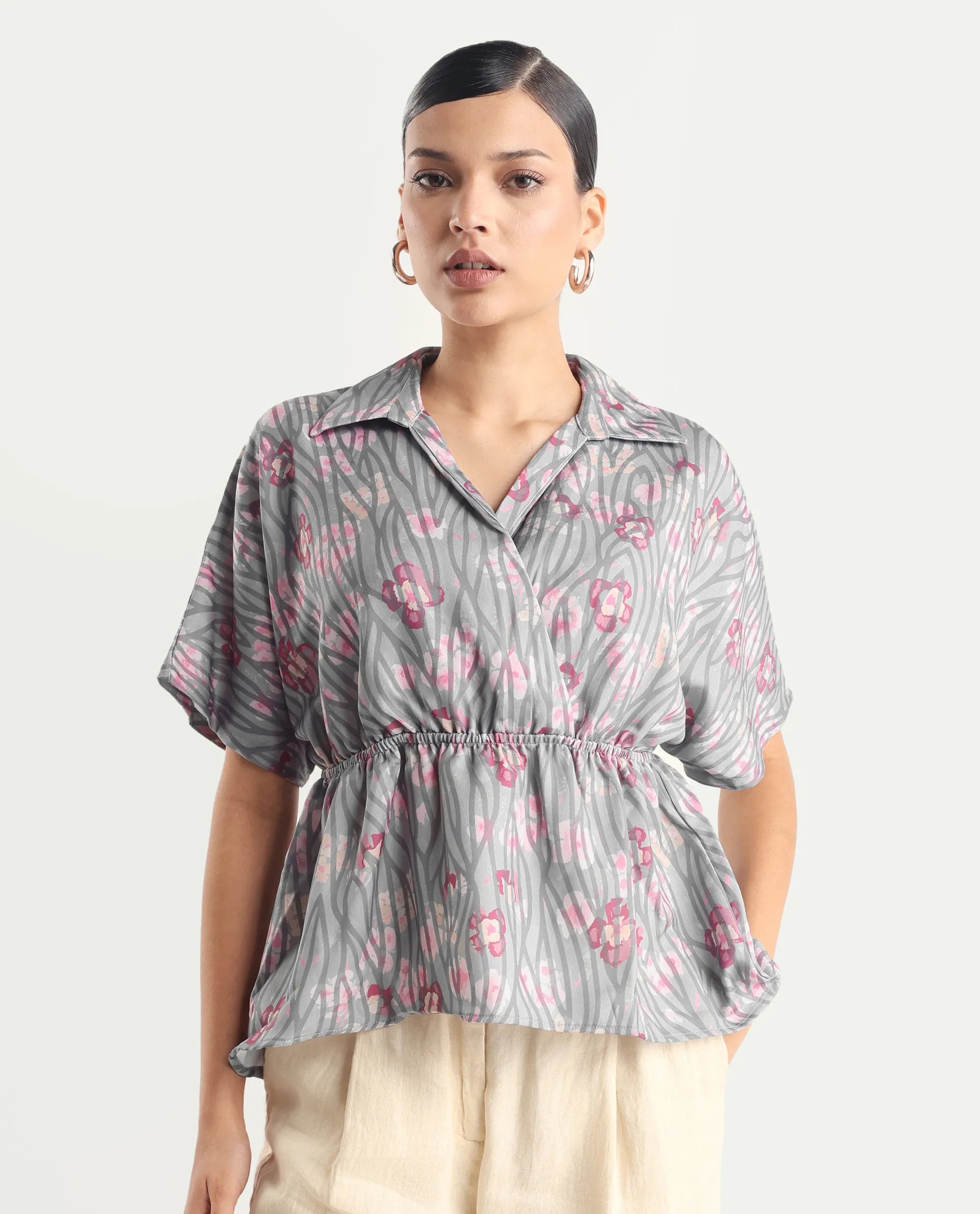 Rareism Women's Copa - Dusky Multi Satin Johnny Collar Floral Print Kimono Sleeve Regular Fit Top