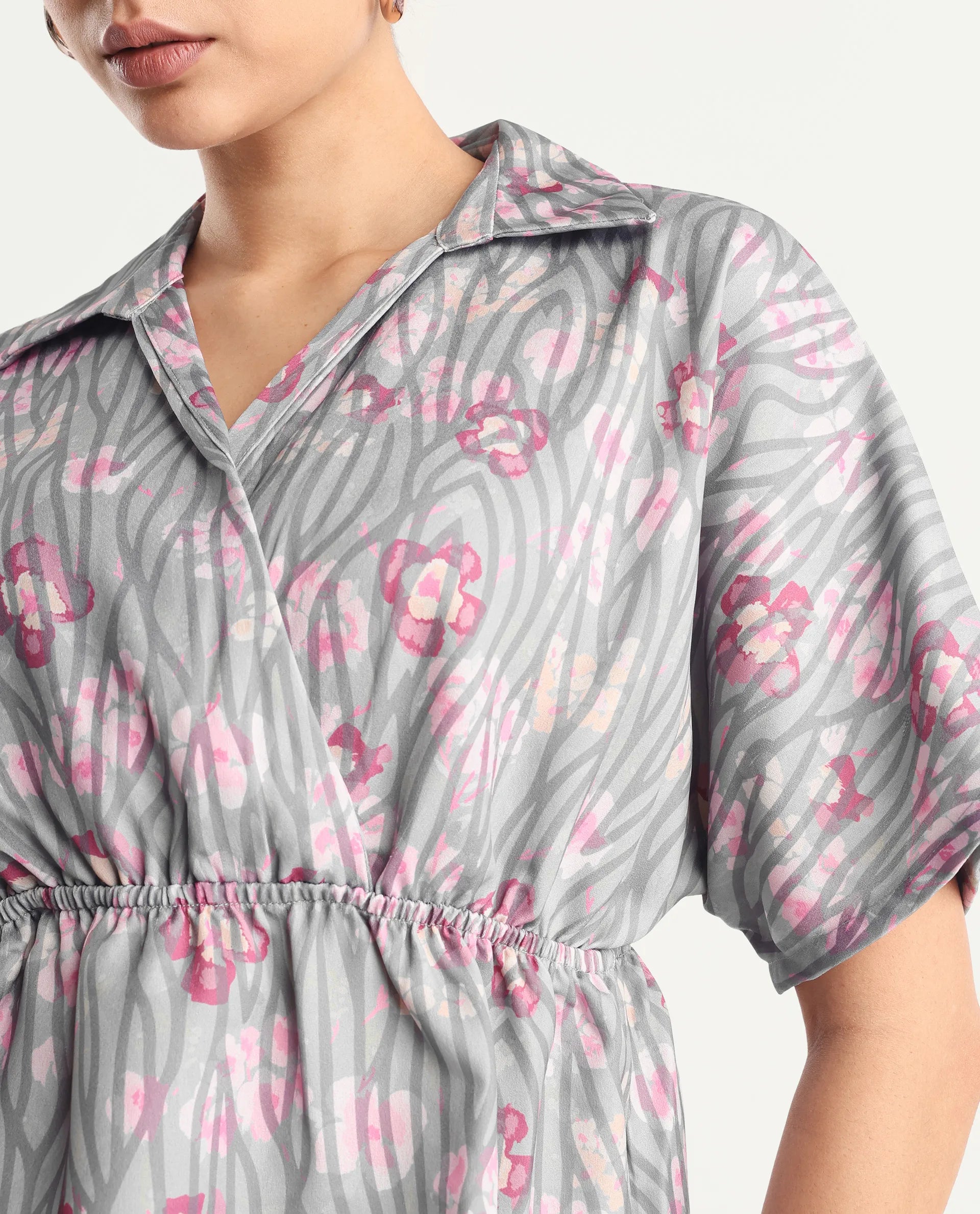 Rareism Women's Copa - Dusky Multi Satin Johnny Collar Floral Print Kimono Sleeve Regular Fit Top