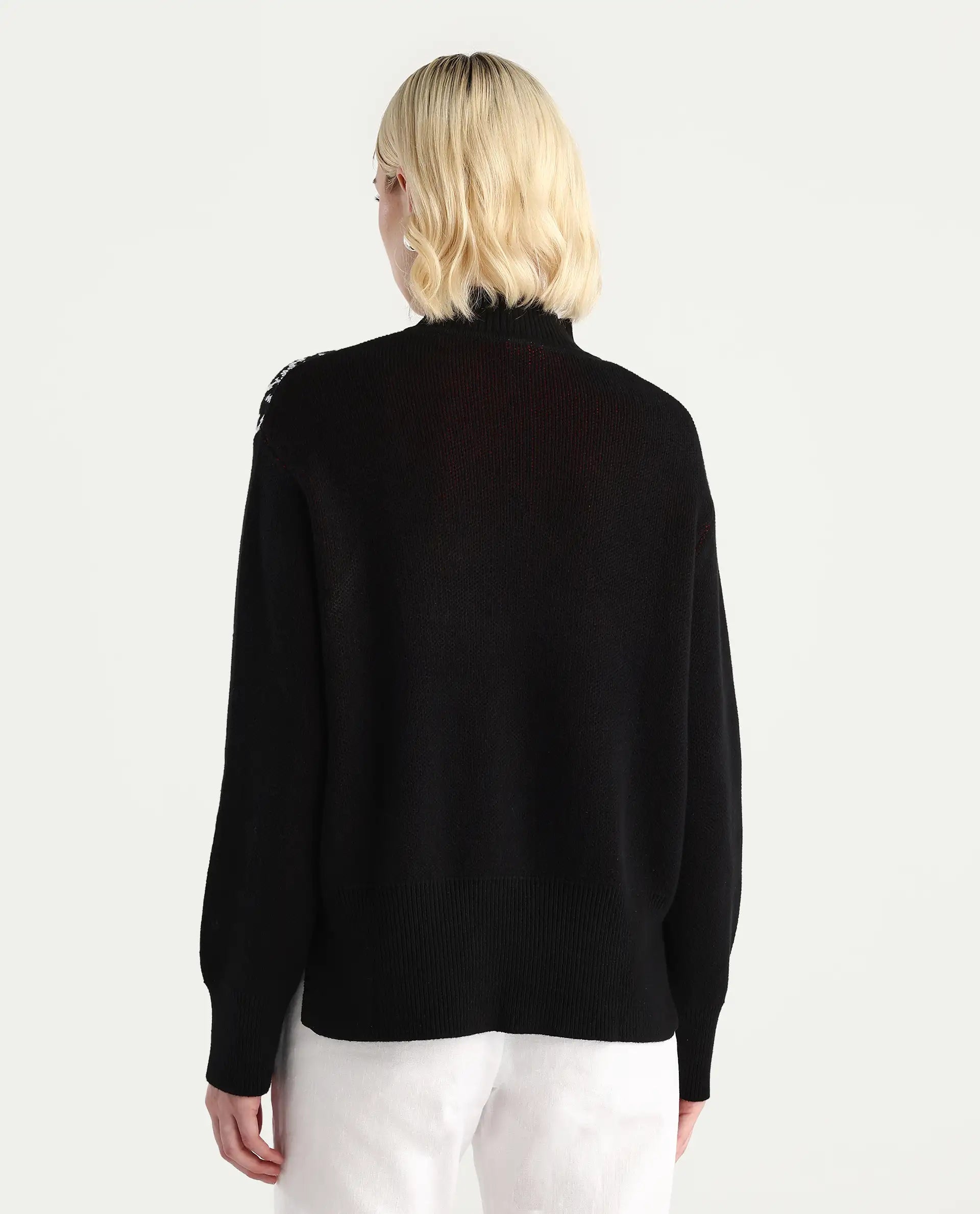 Rareism Women's Cosnew Black Cotton High Neck Relaxed Fit Sweater