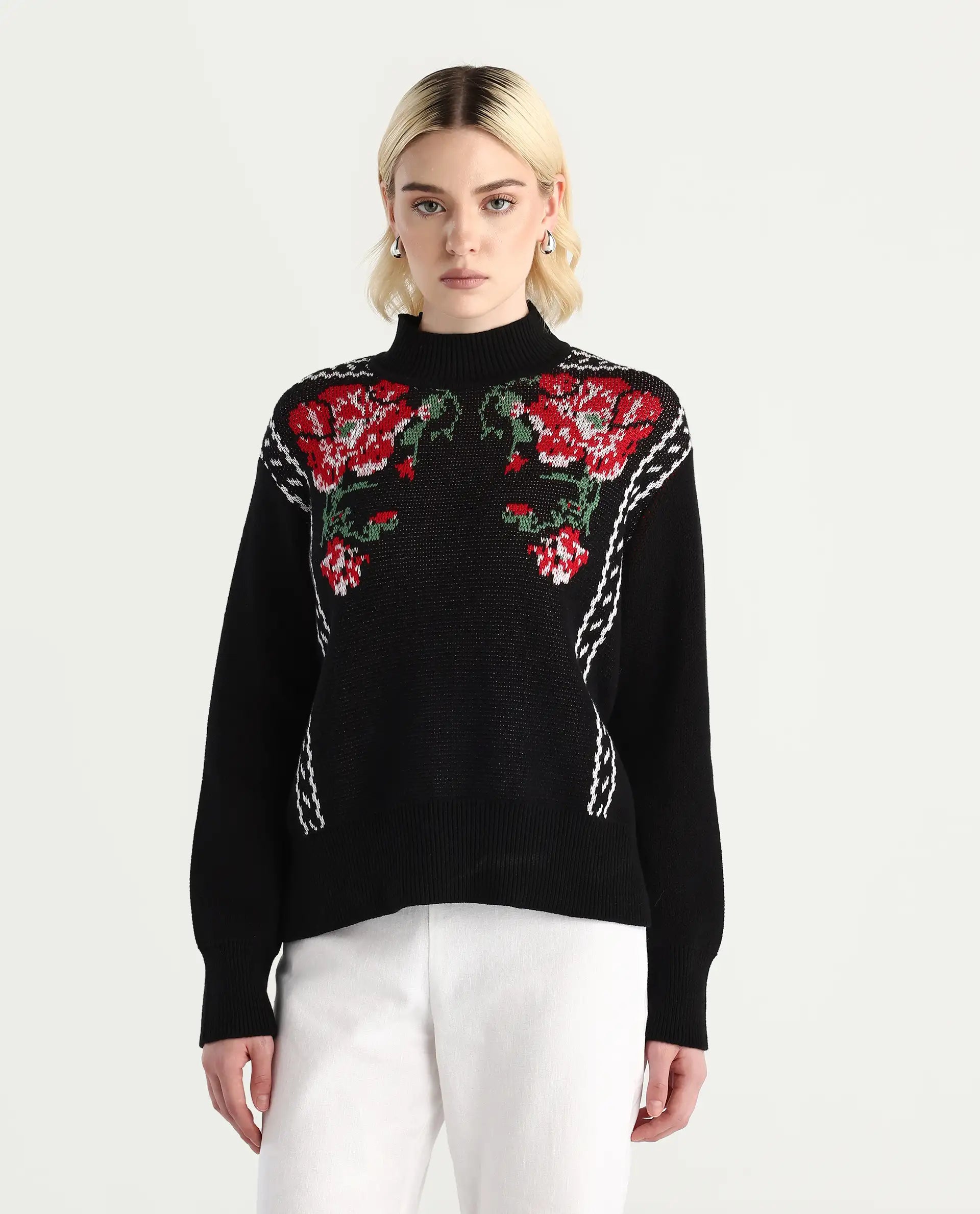 Rareism Women's Cosnew Black Cotton High Neck Relaxed Fit Sweater