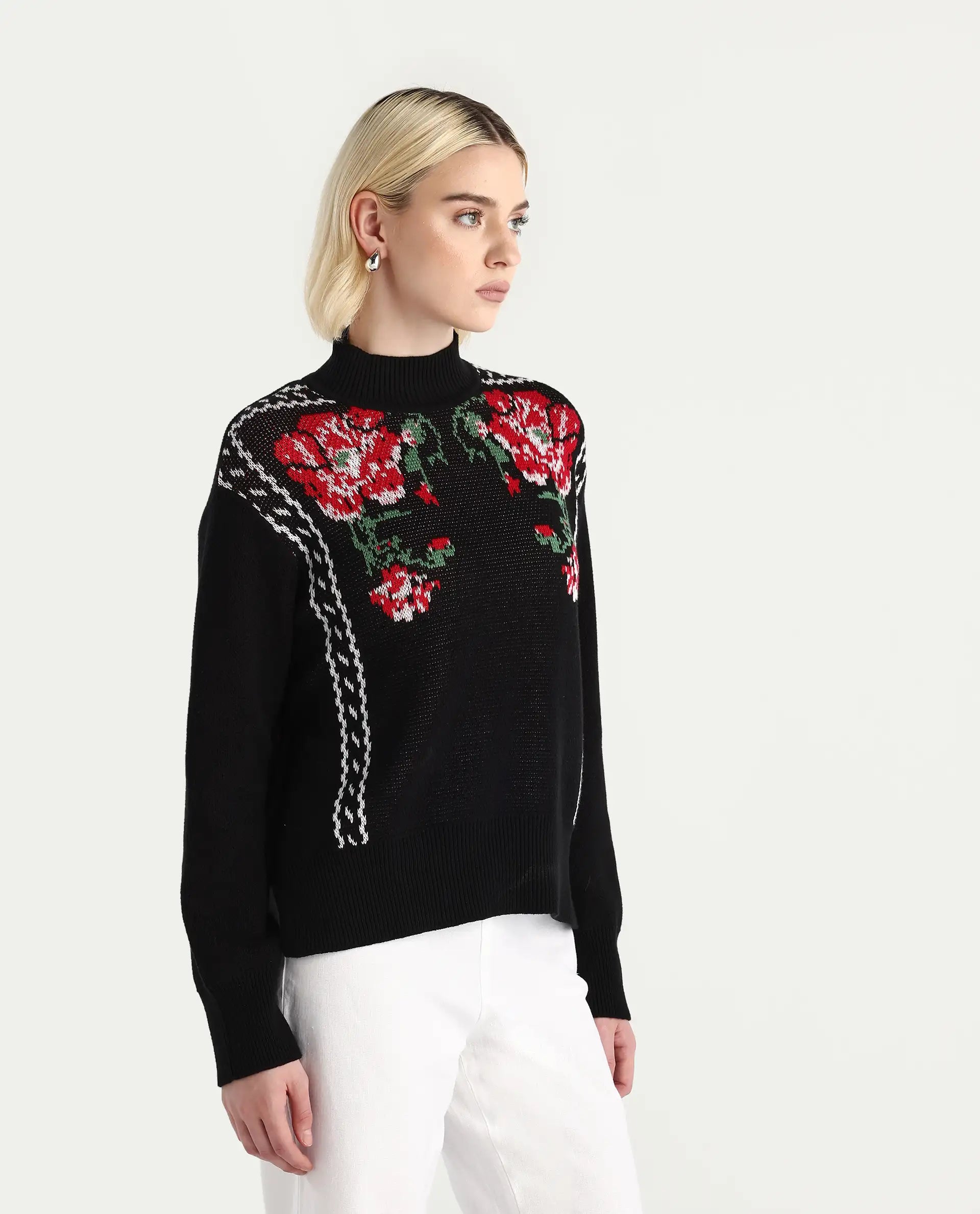 Rareism Women's Cosnew Black Cotton High Neck Relaxed Fit Sweater