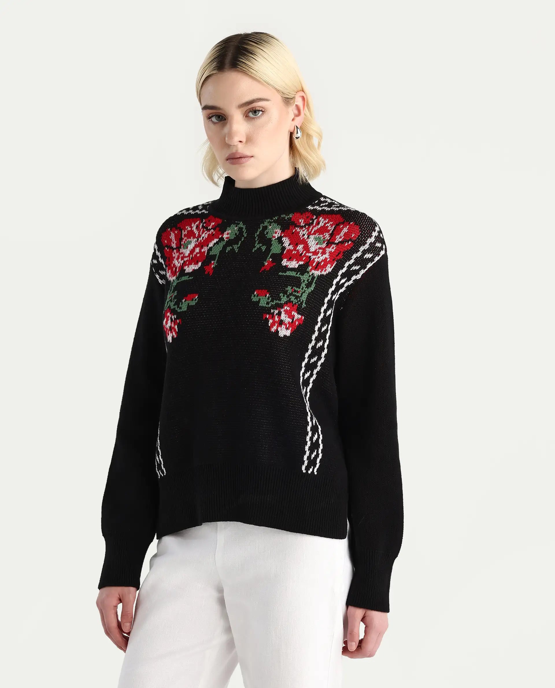 Rareism Women's Cosnew Black Cotton High Neck Relaxed Fit Sweater