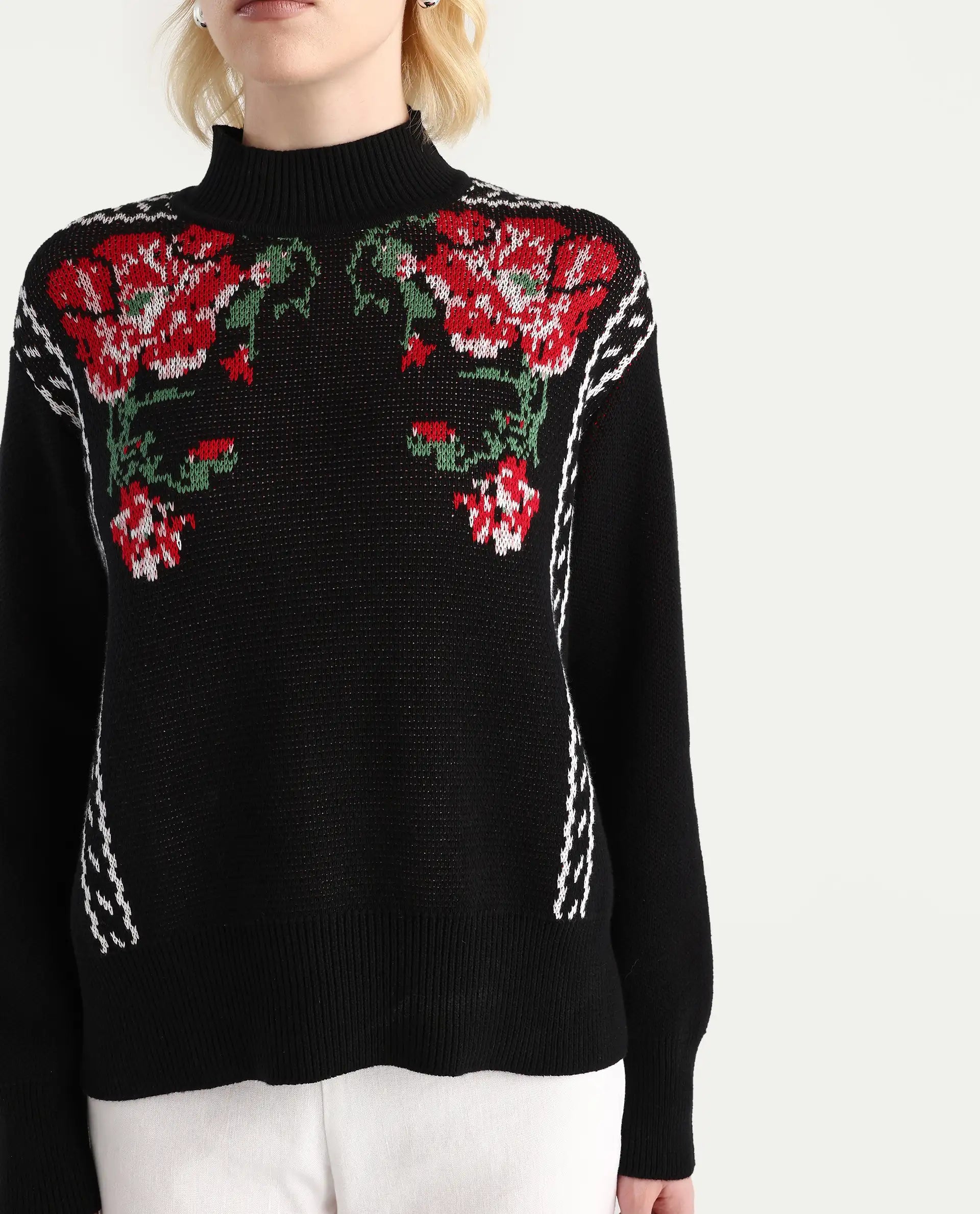 Rareism Women's Cosnew Black Cotton High Neck Relaxed Fit Sweater