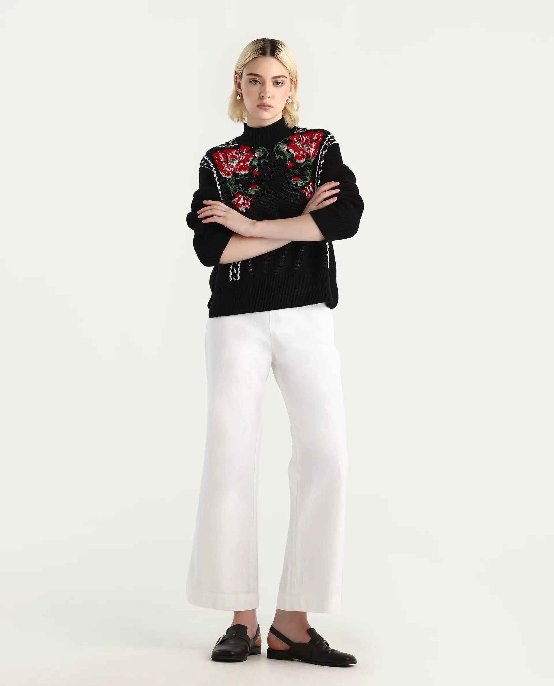 Rareism Women's Cosnew Black Cotton High Neck Relaxed Fit Sweater