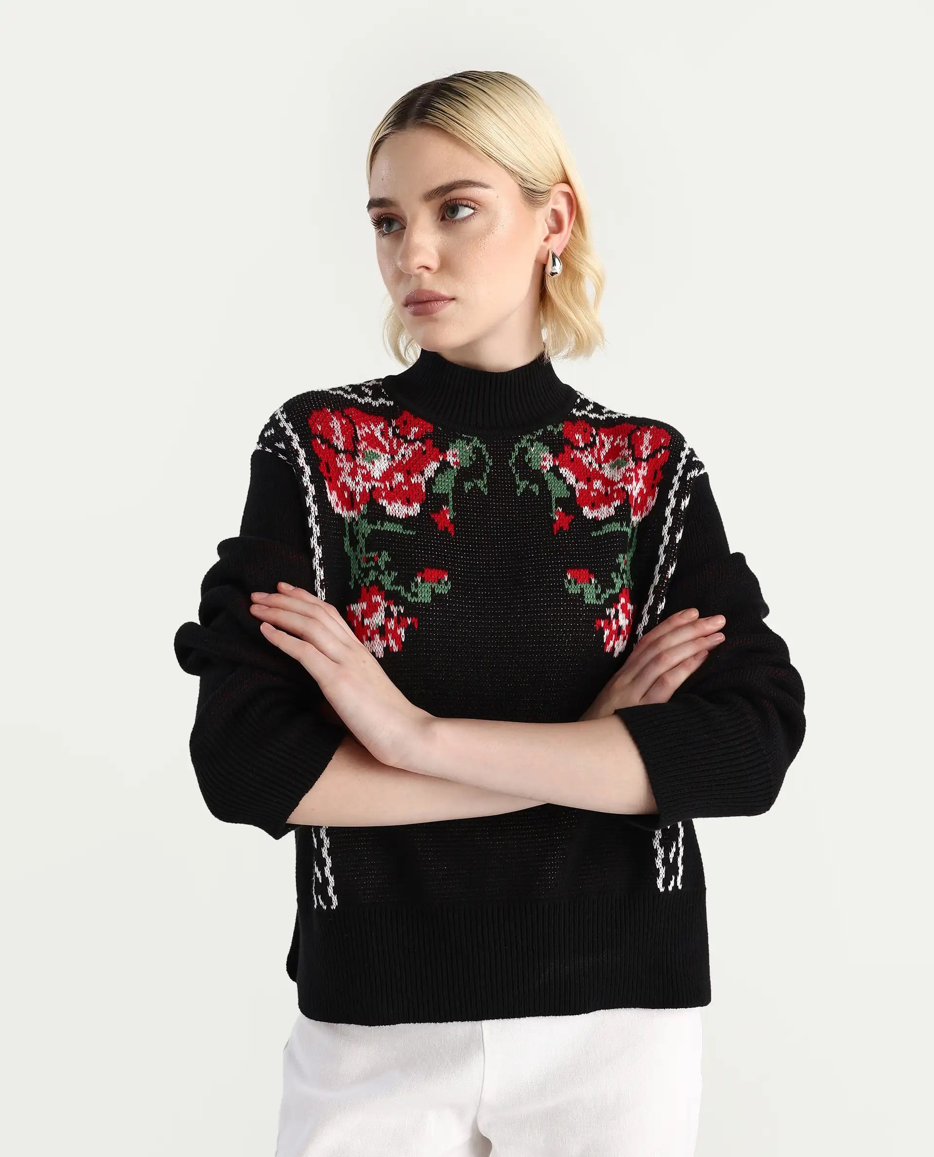 Rareism Women's Cosnew Black Cotton High Neck Relaxed Fit Sweater