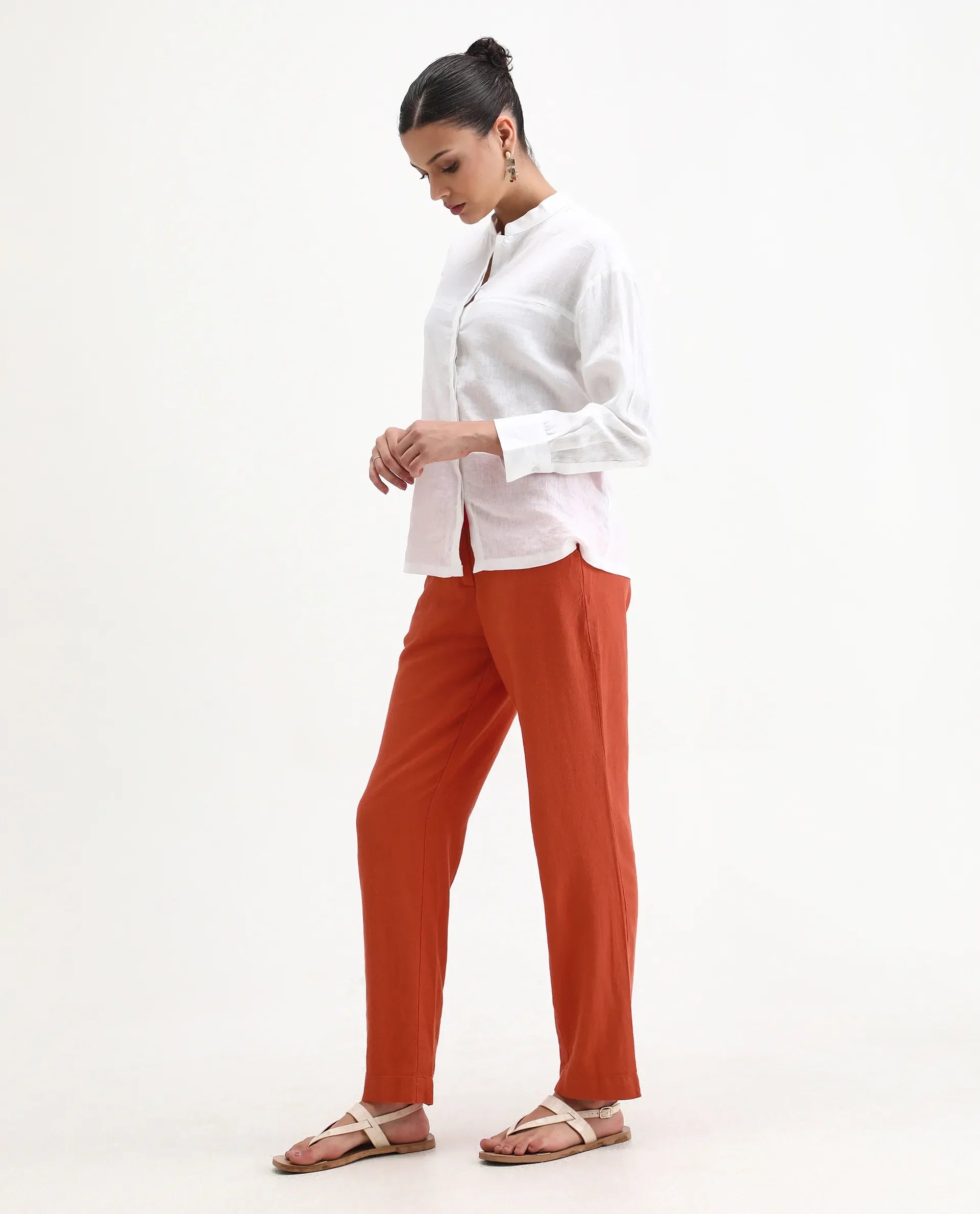 Rareism Women's Costa-B Pastel Rust Linen Plain Ankle Length Tapered Trouser