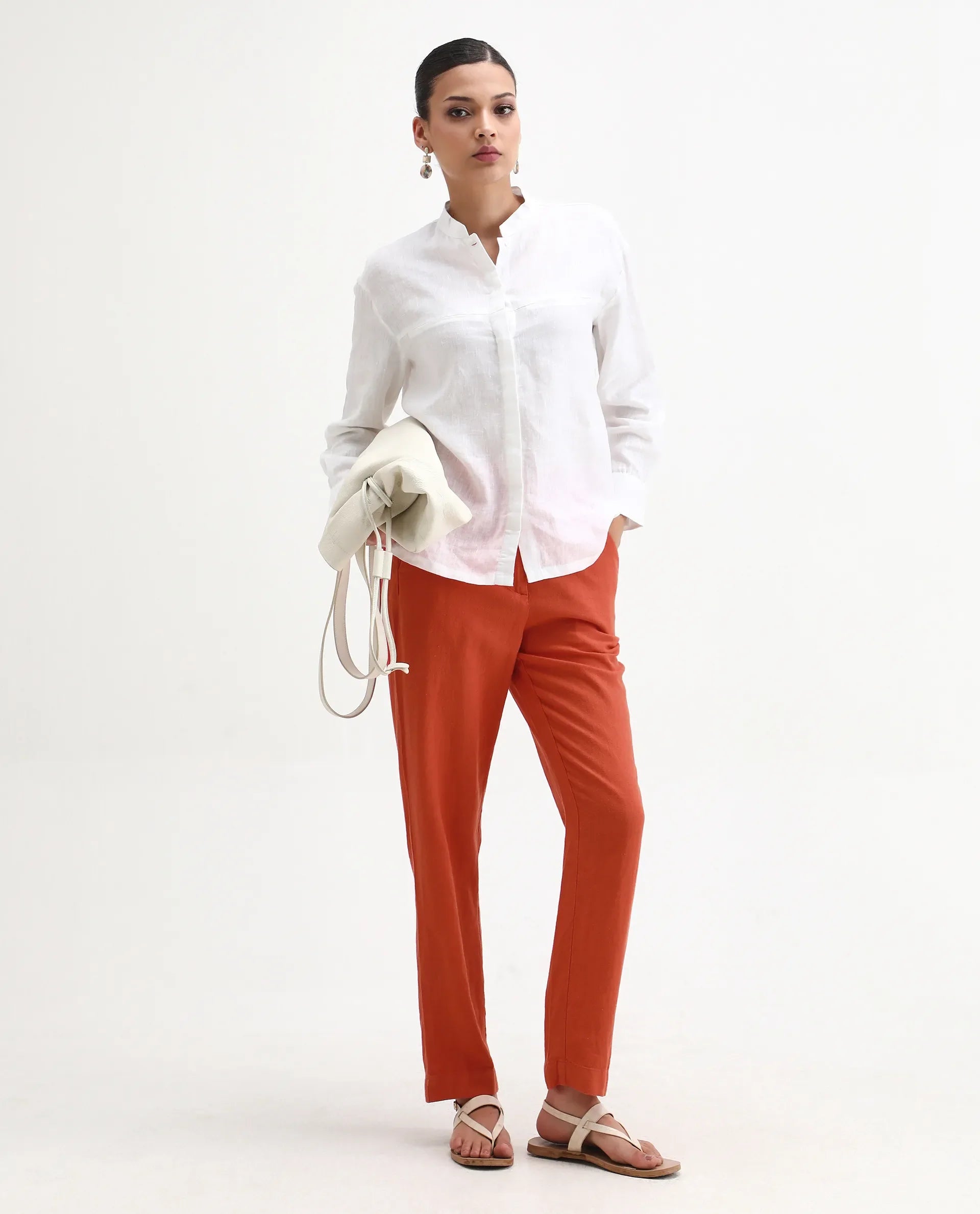 Rareism Women's Costa-B Pastel Rust Linen Plain Ankle Length Tapered Trouser