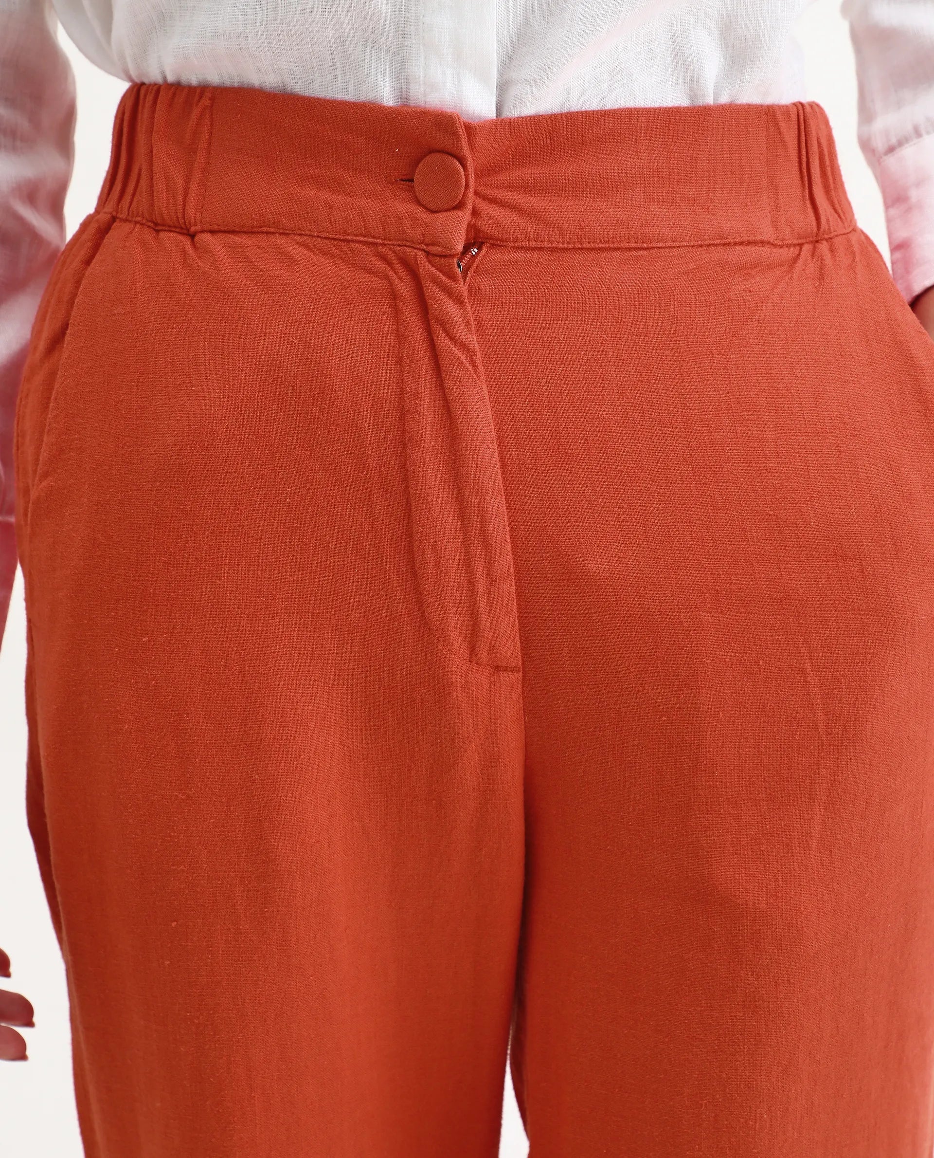 Rareism Women's Costa-B Pastel Rust Linen Plain Ankle Length Tapered Trouser