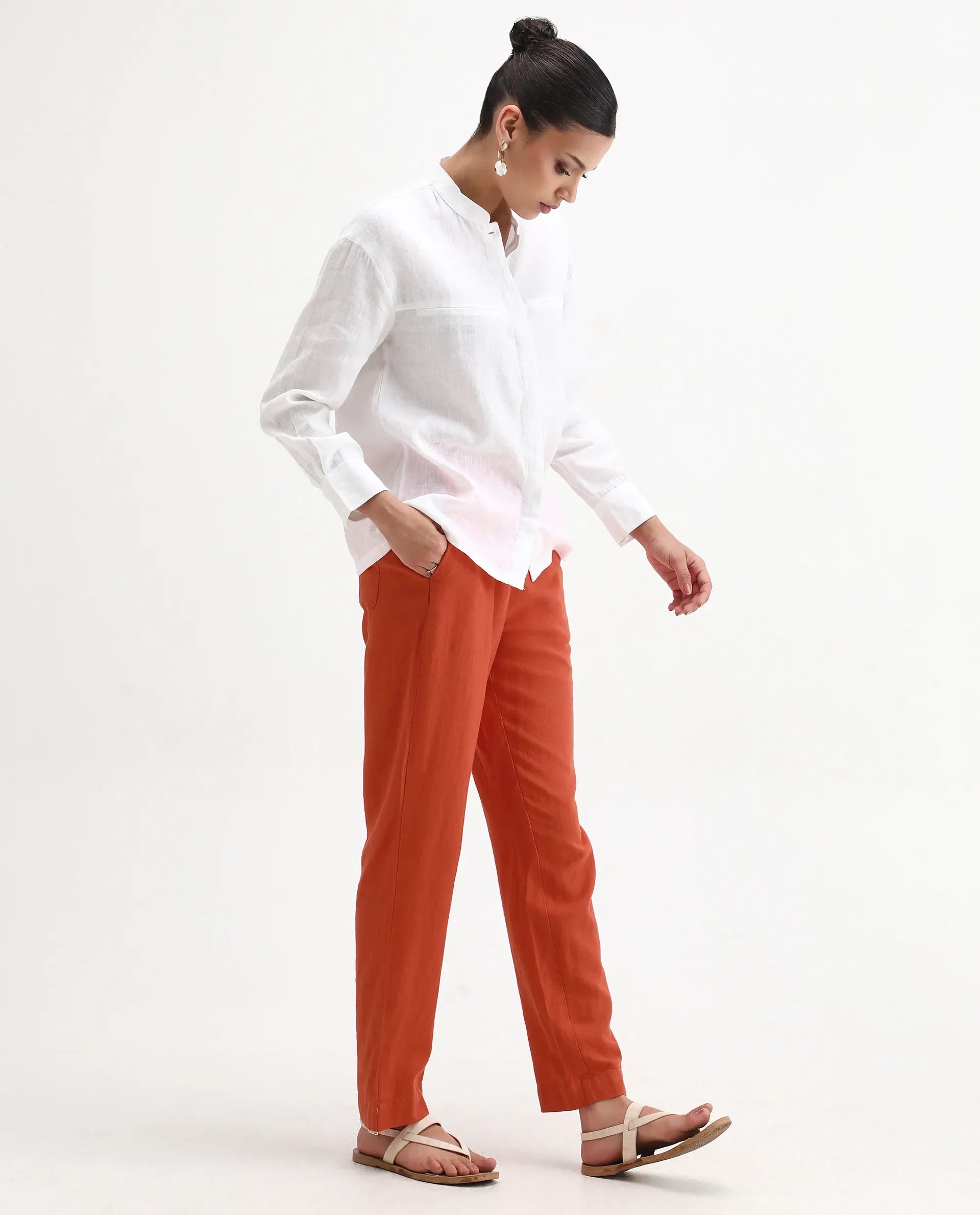 Rareism Women's Costa-B Pastel Rust Linen Plain Ankle Length Tapered Trouser