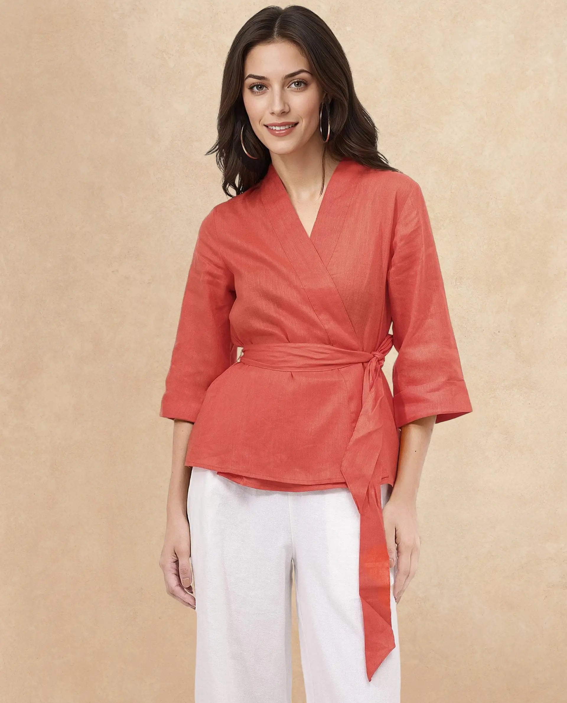 Rareism Women Costa-T Pastel Rust Cotton Linen Fabric Regular Sleeves Collared Neck Solid Regular Length Top