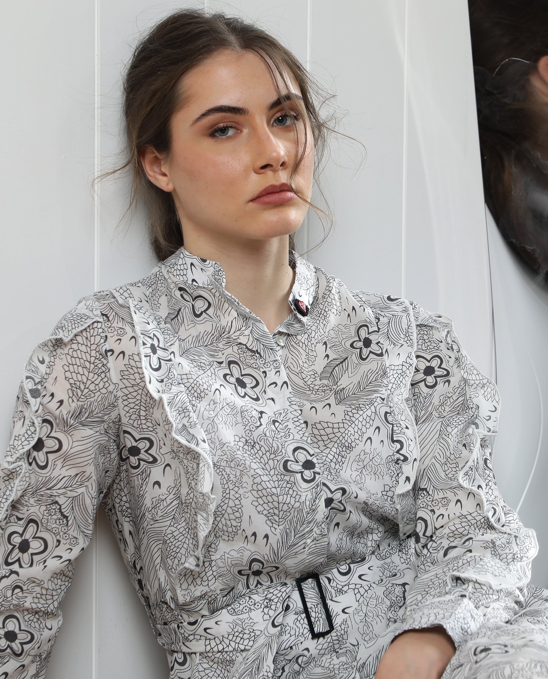 Rareism Women Roose White Cotton Fabric Full Sleeves Button Closure Mandarin Collar Regular Fit Floral Print Knee Length Flared Dress