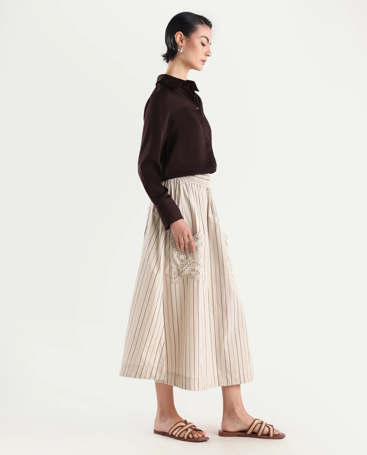 Rareism Women's Cuba-B Light Beige Cotton Plain Midi Flared Skirt
